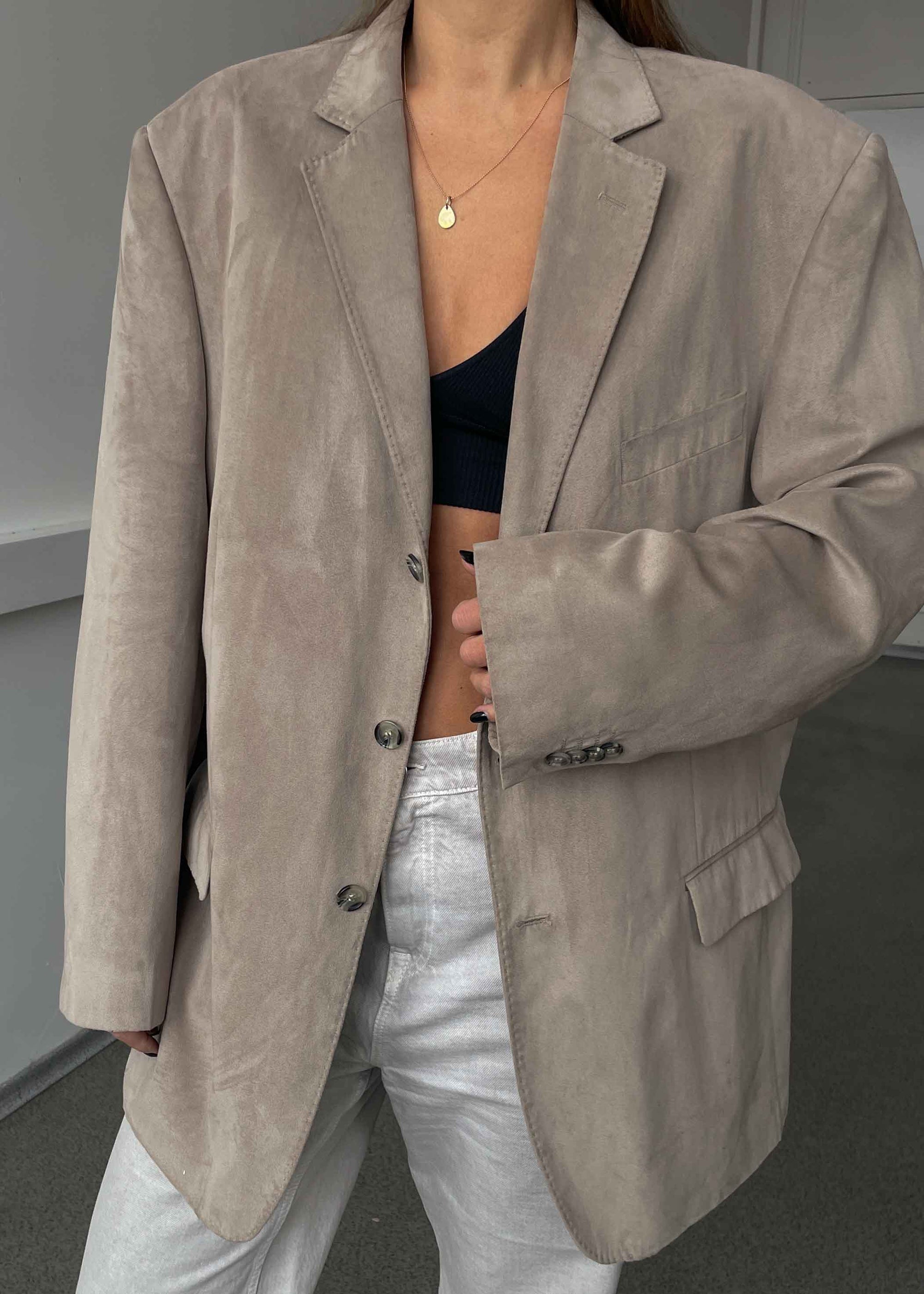 Vintage Beige Faux Suede Oversized Blazer