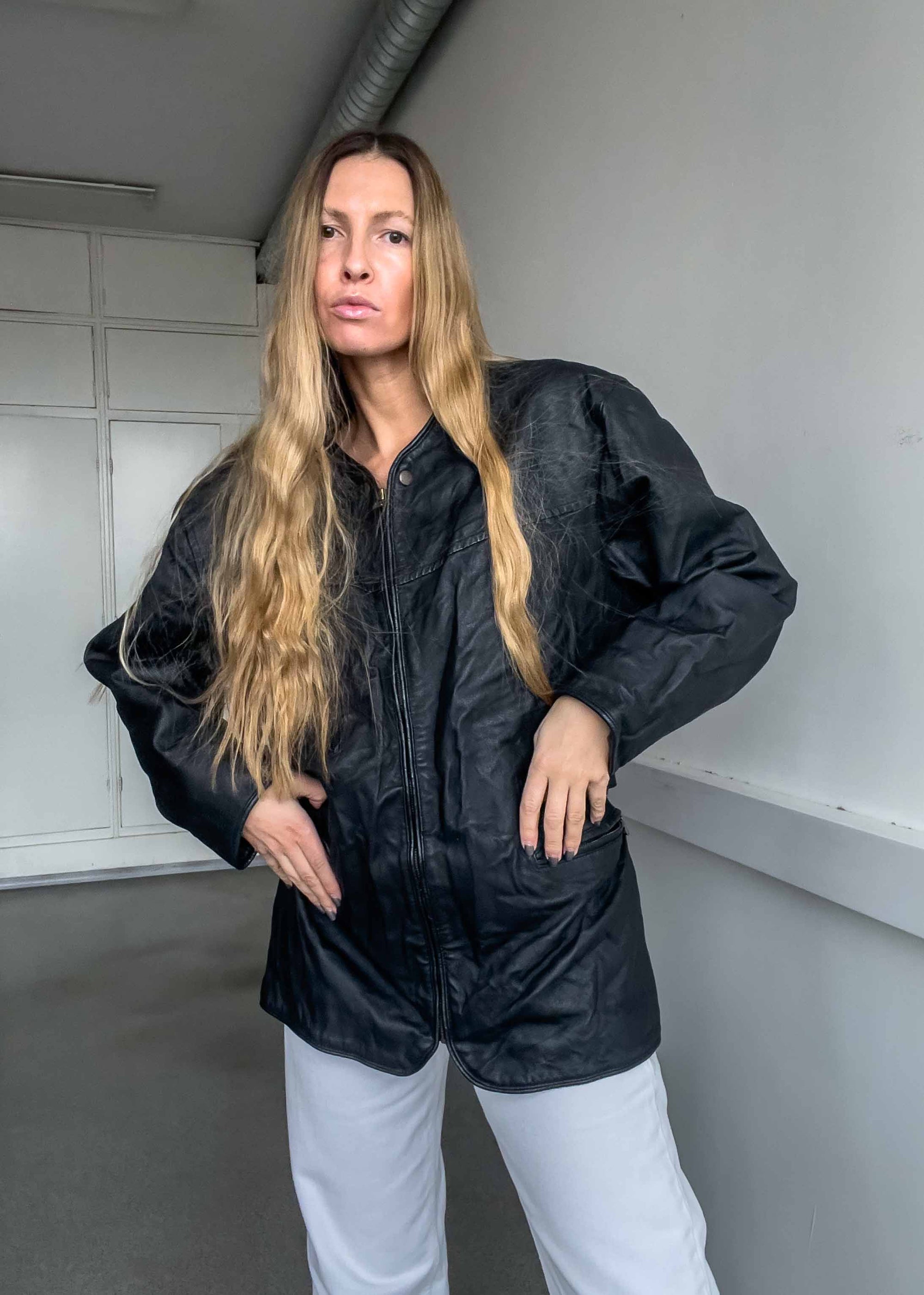 Vintage Black Oversized Leather Jacket