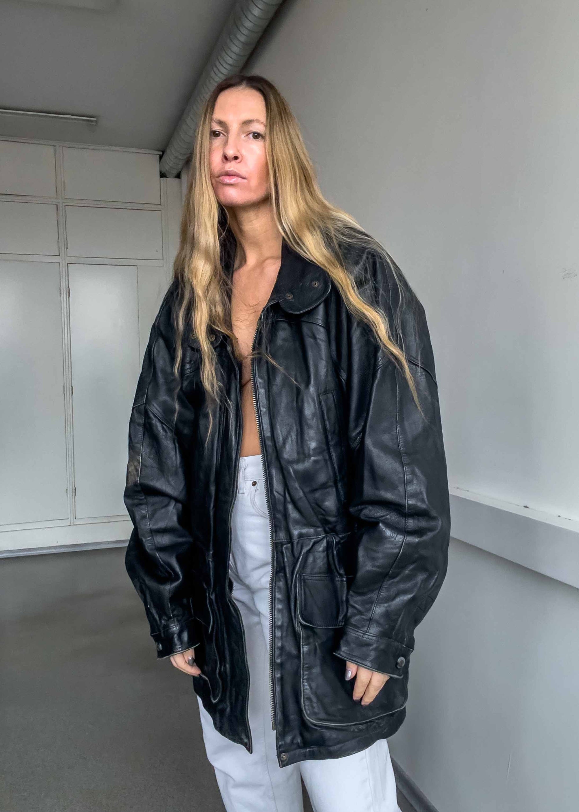 Vintage Black Oversized Leather Coat