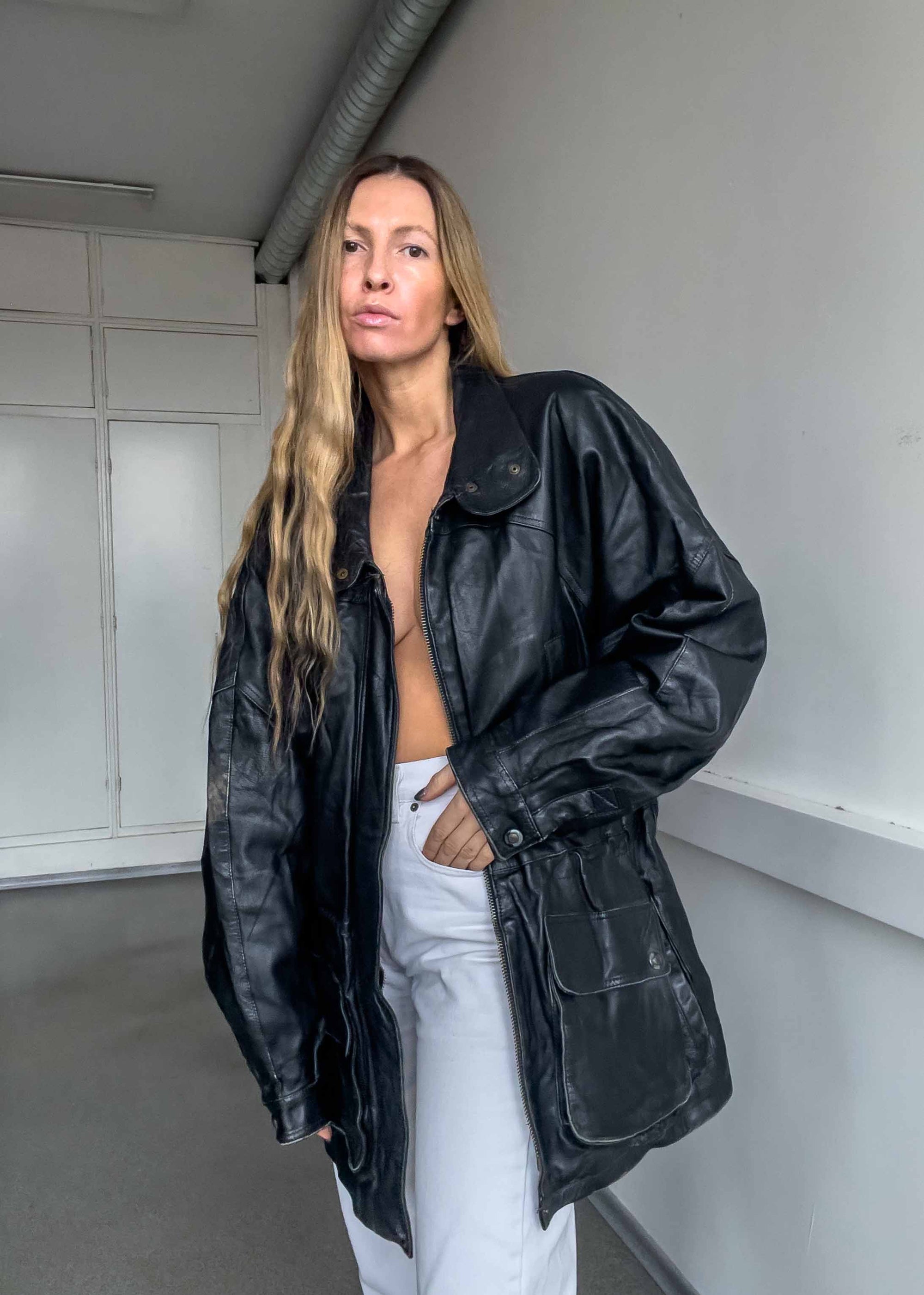 Vintage Black Oversized Leather Coat