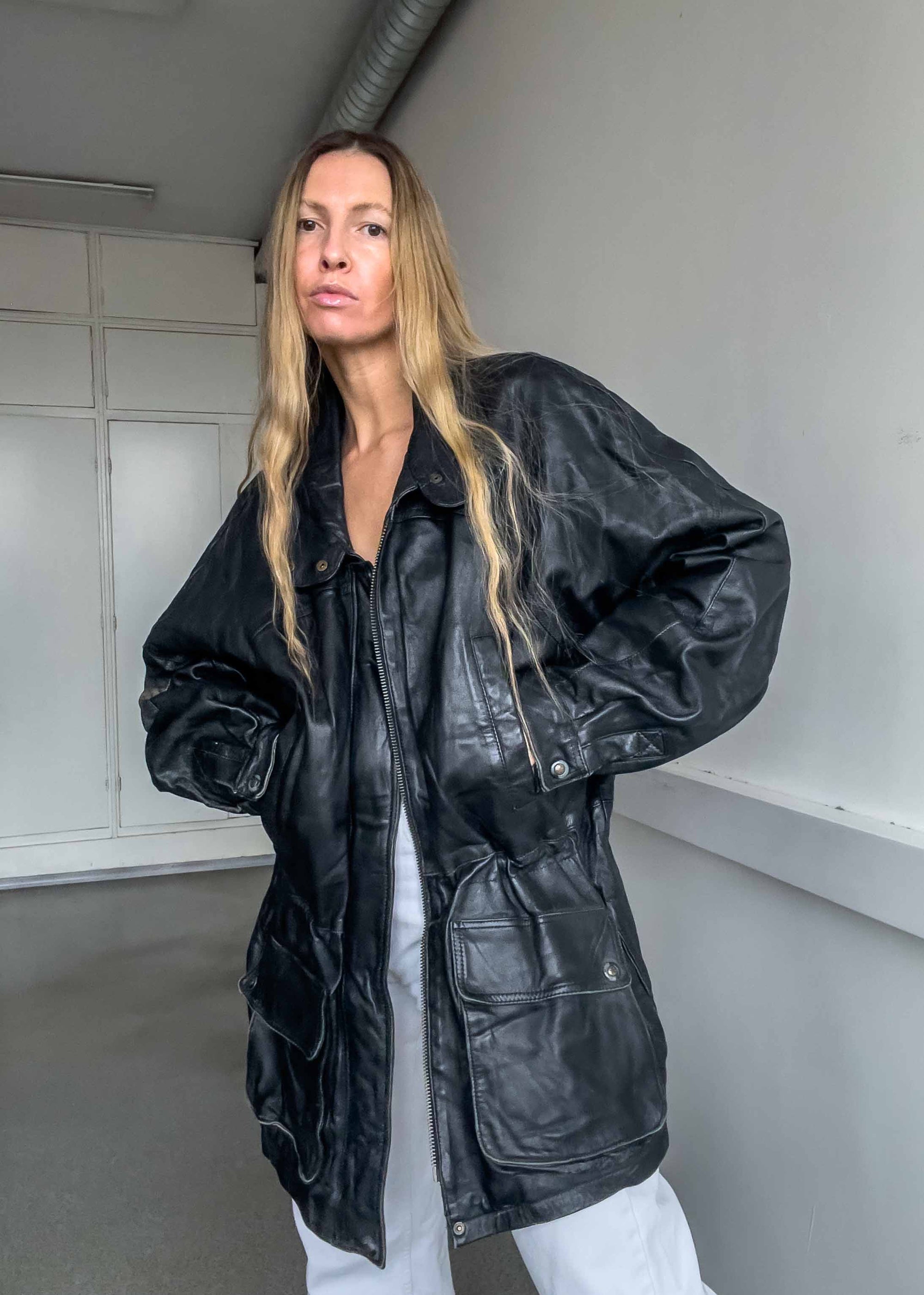 Vintage Black Oversized Leather Coat