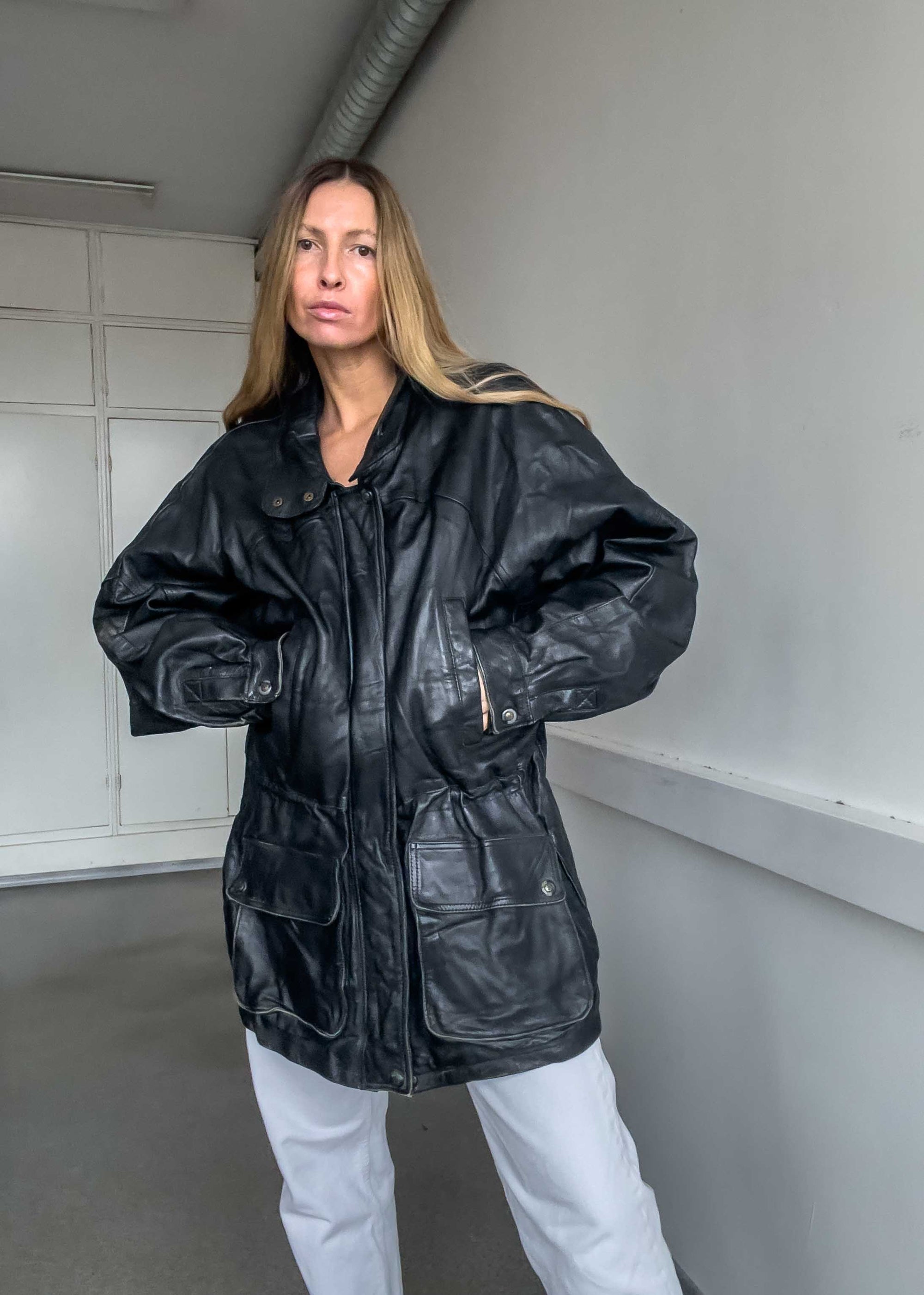 Vintage Black Oversized Leather Coat