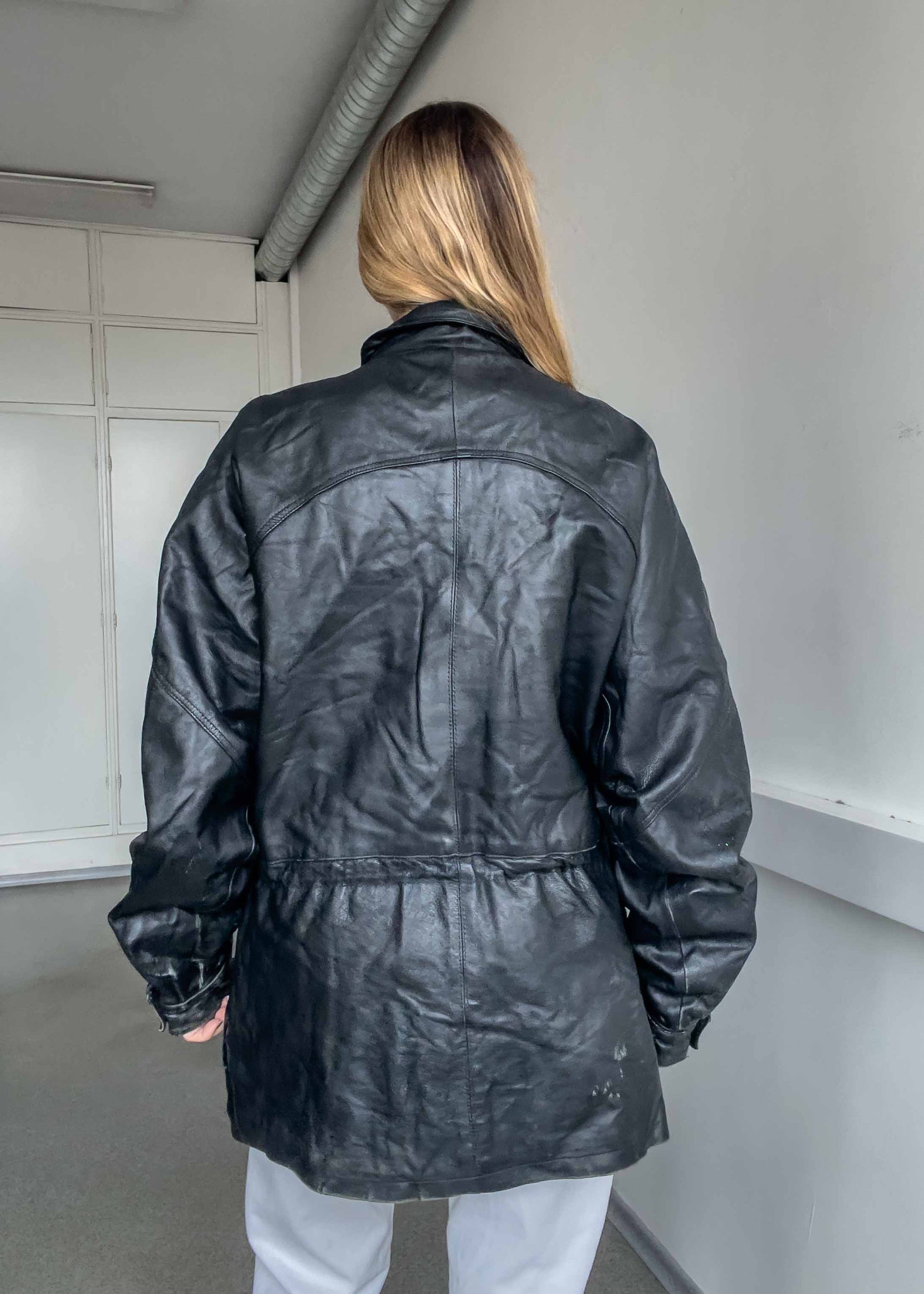 Vintage Black Oversized Leather Coat