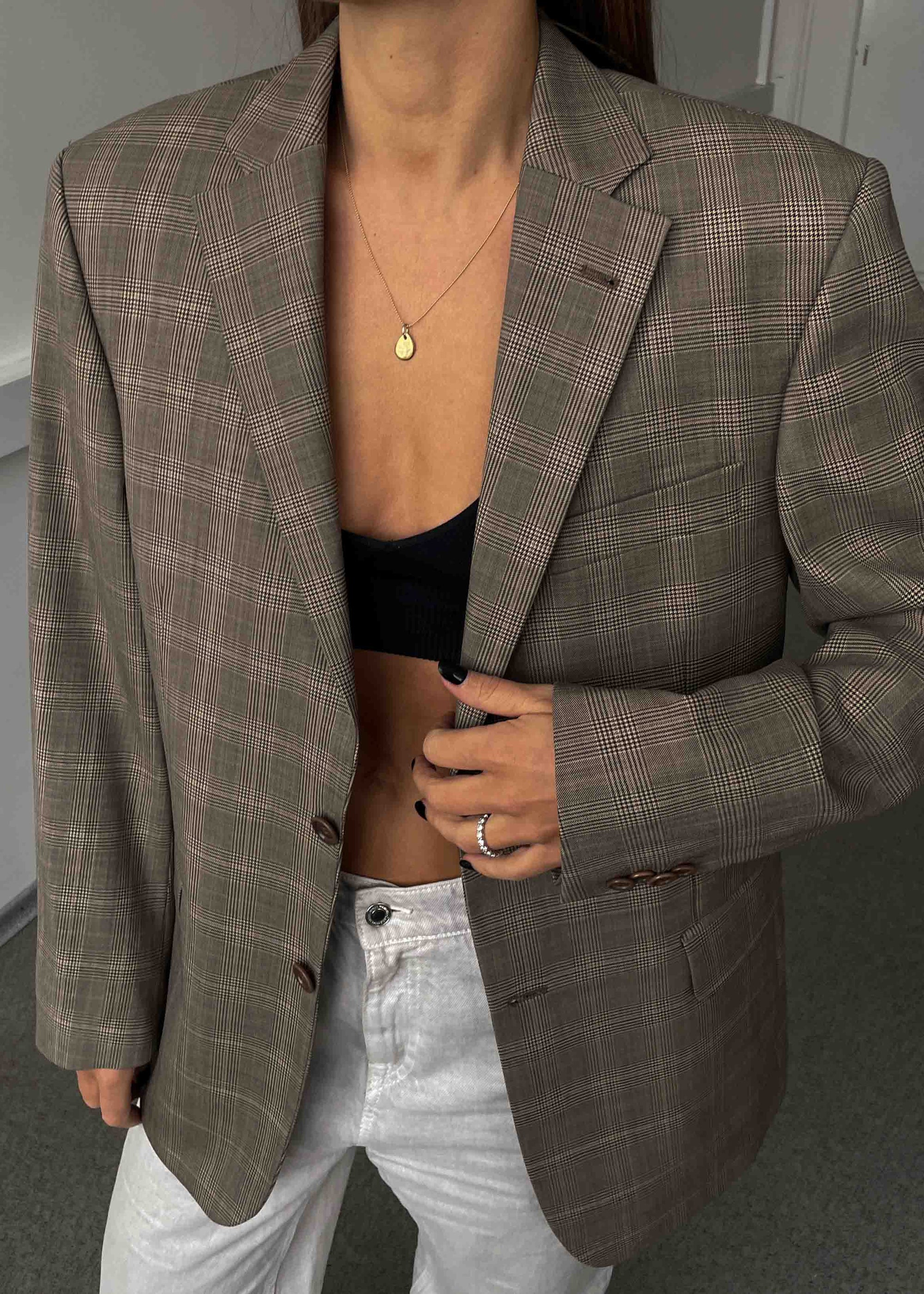 Vintage Brown Checked Oversized 100% WOOL Blazer