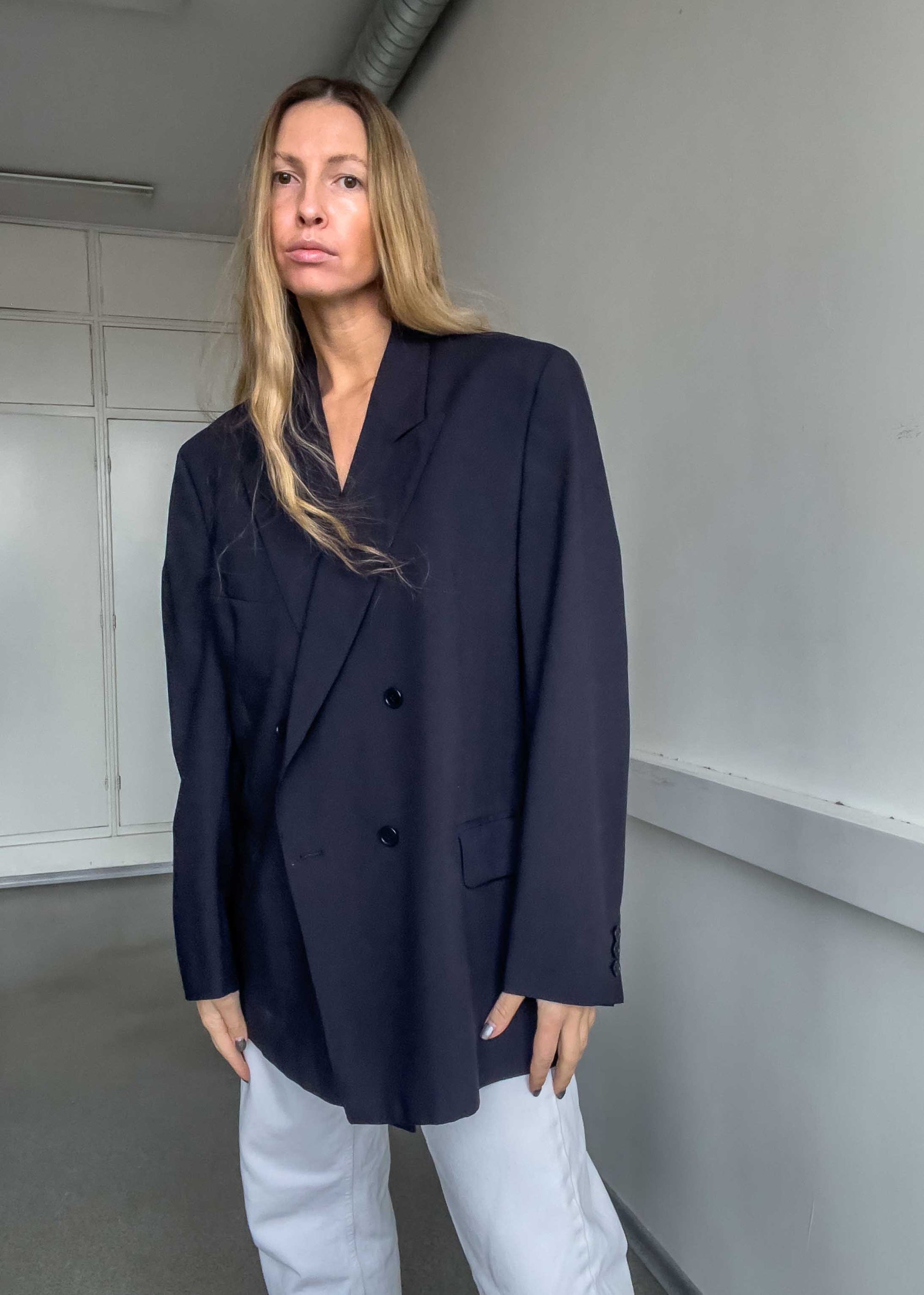Vintage Navy Blue Oversized Double Breasted Blazer