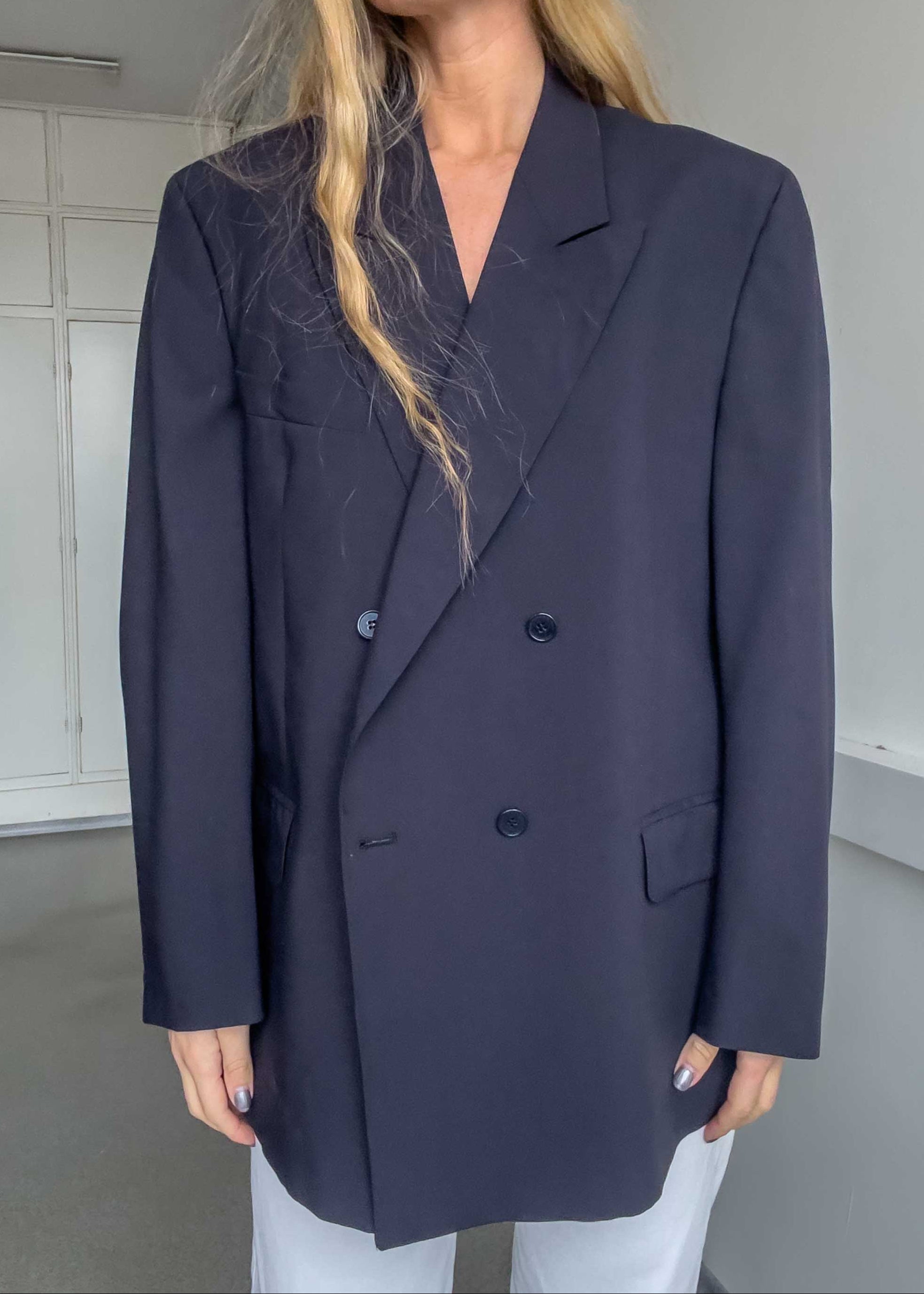 Vintage Navy Blue Oversized Double Breasted Blazer