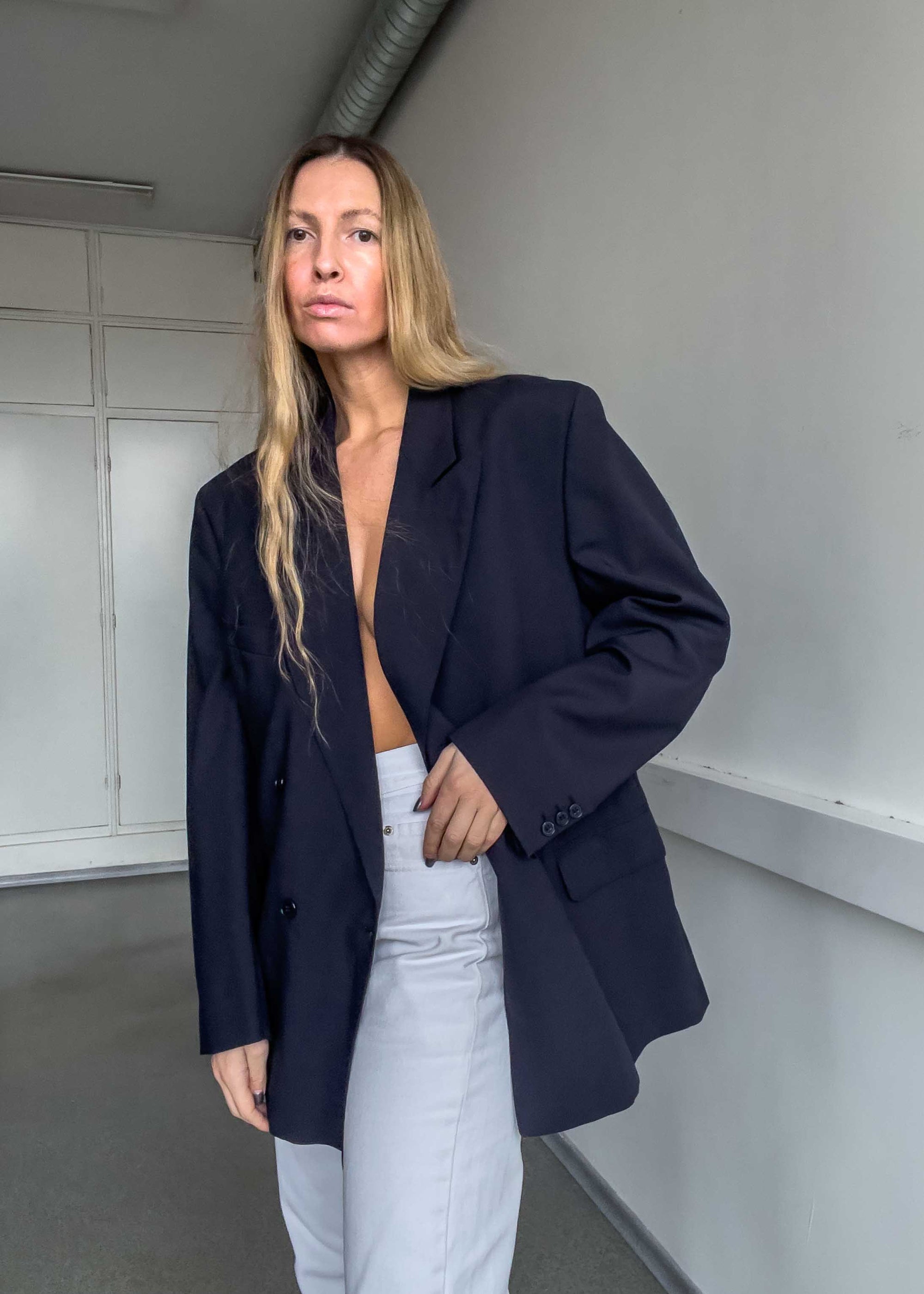 Vintage Navy Blue Oversized Double Breasted Blazer
