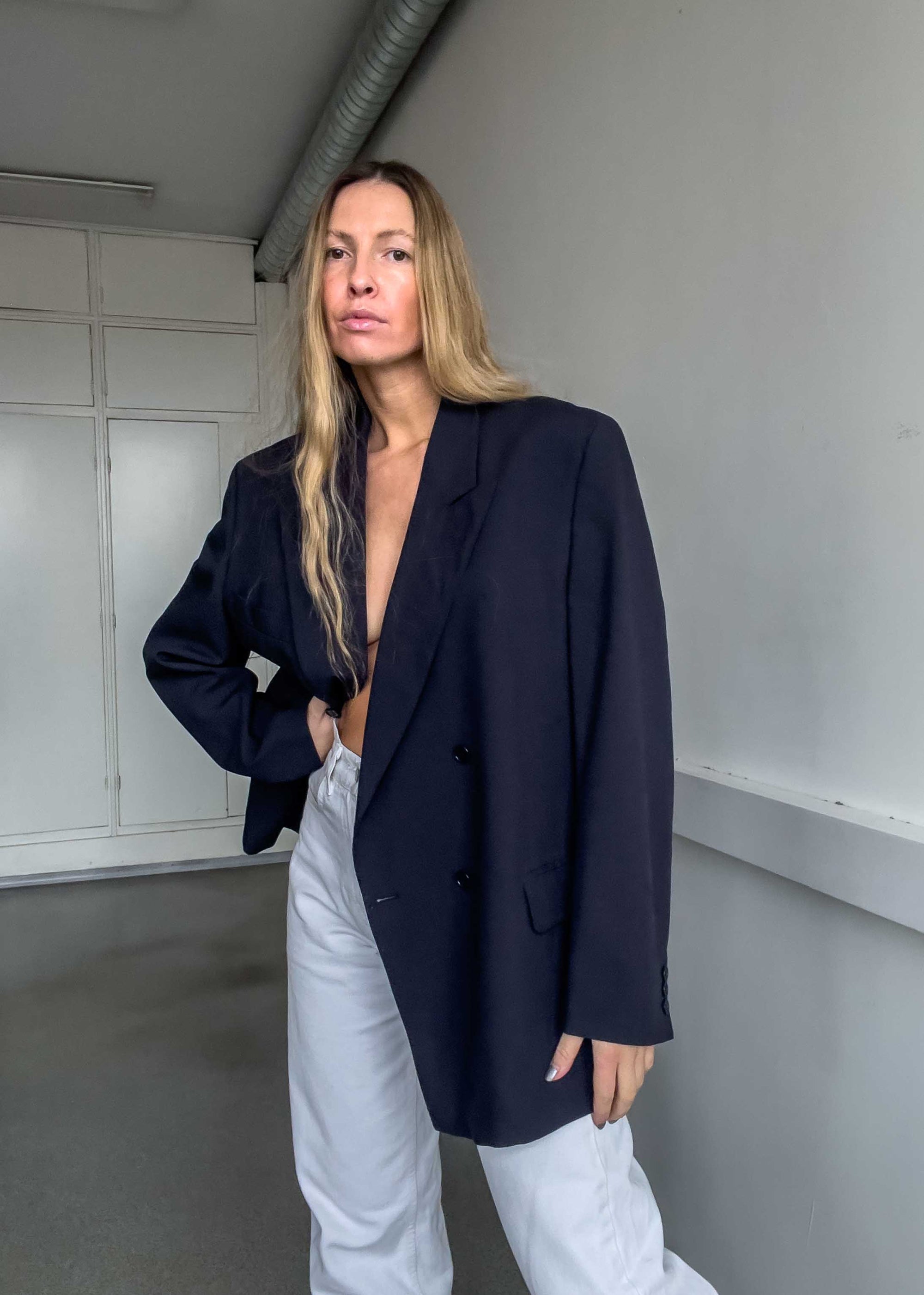 Vintage Navy Blue Oversized Double Breasted Blazer