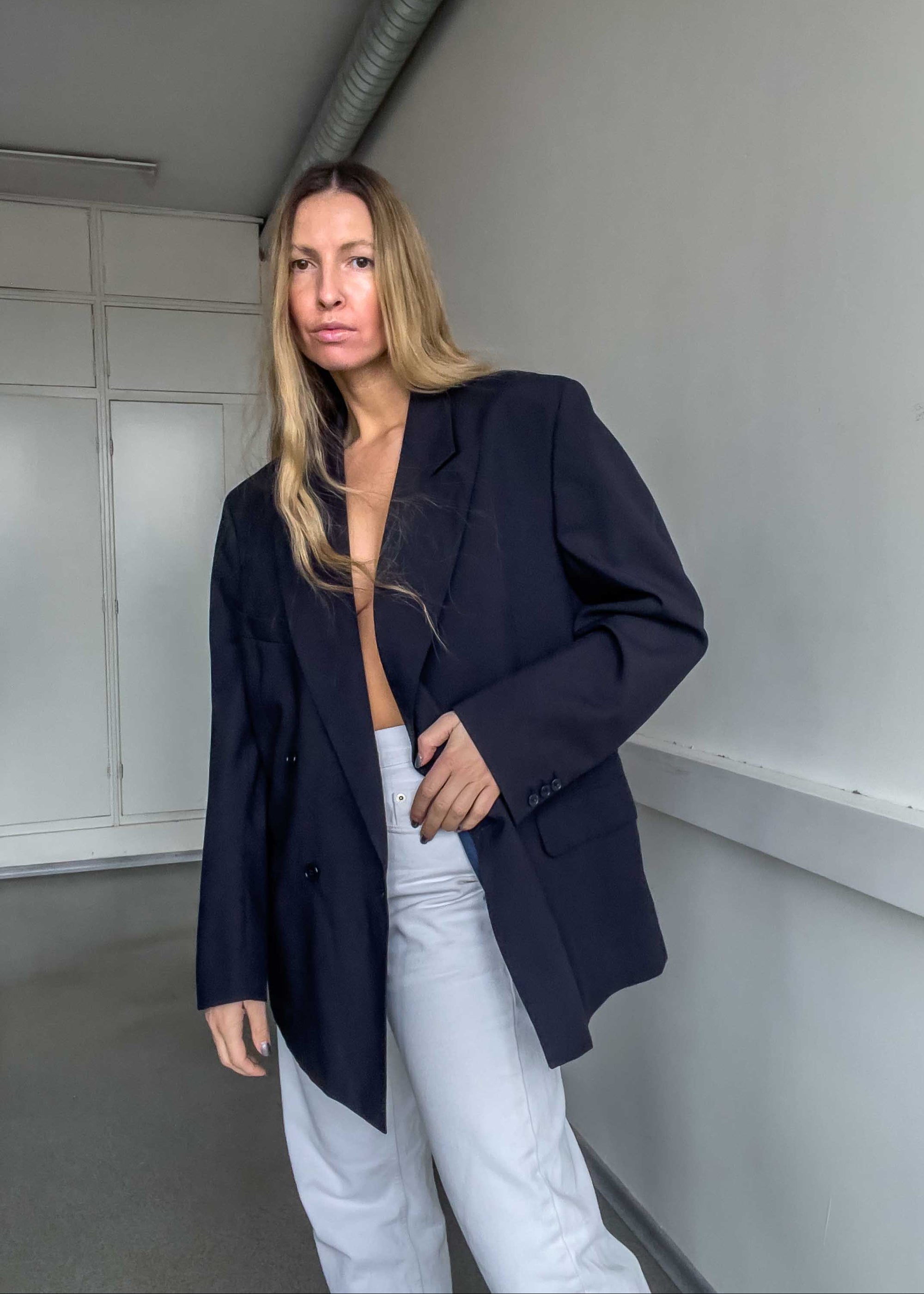 Vintage Navy Blue Oversized Double Breasted Blazer