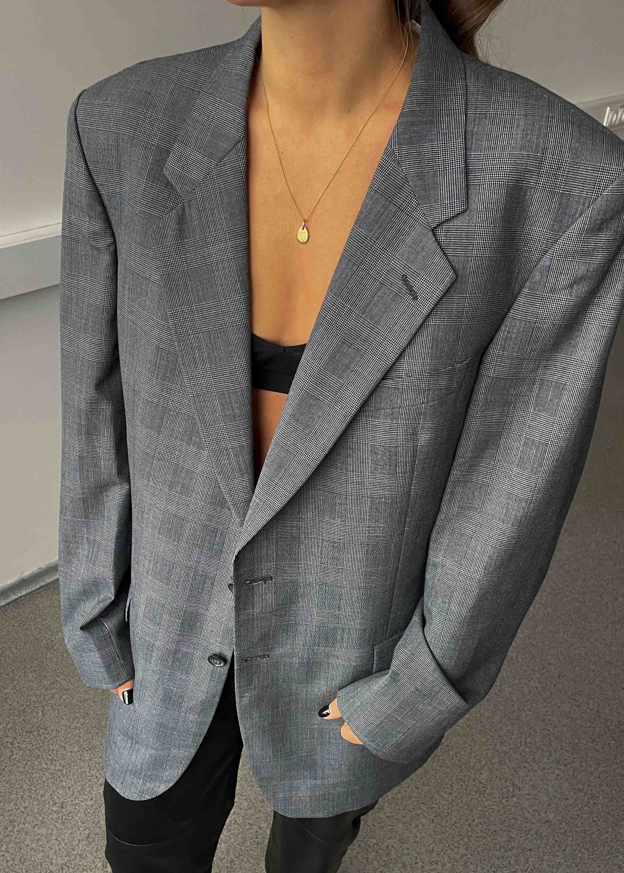 Vintage Grey Checked Oversized Blazer