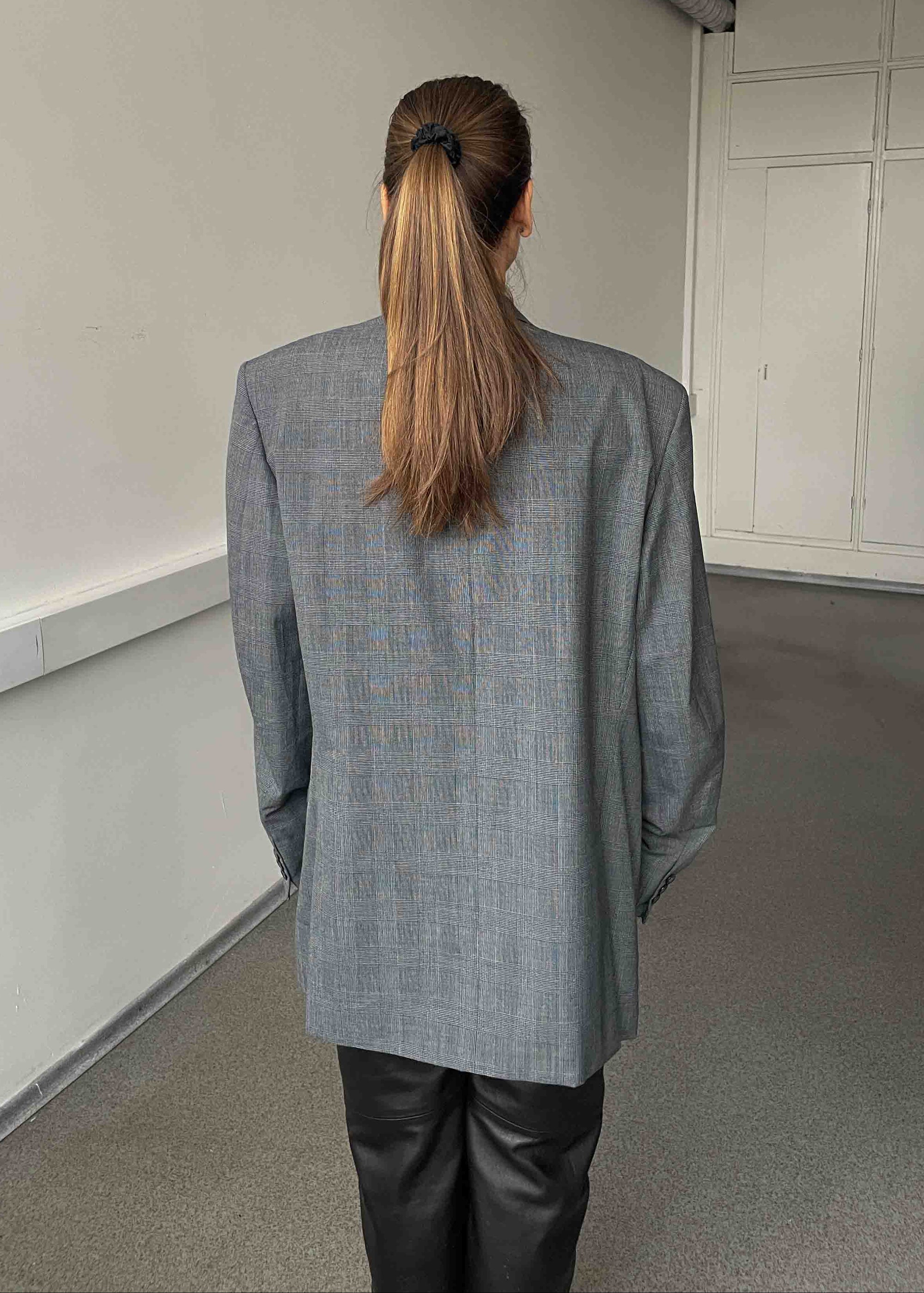 Vintage Grey Checked Oversized Blazer