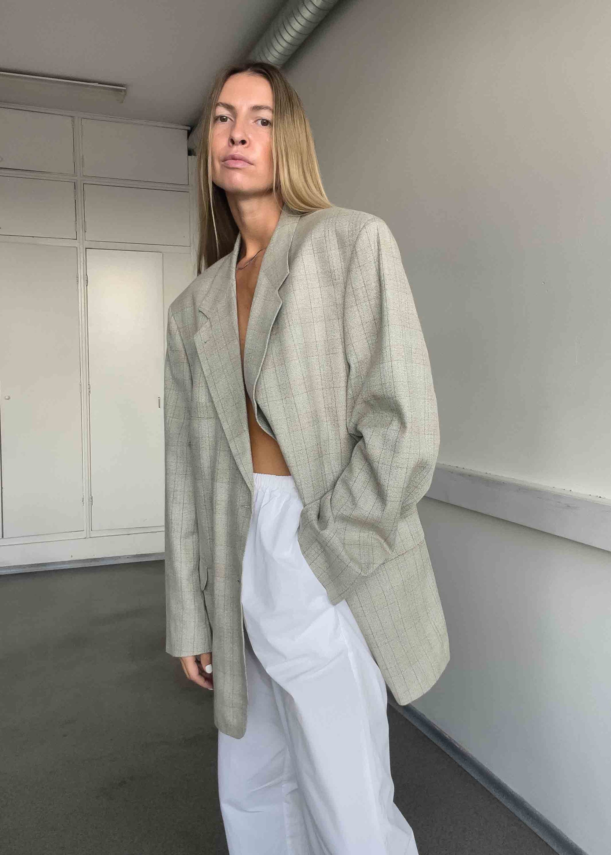 Vintage Grey Checked Oversized Blazer