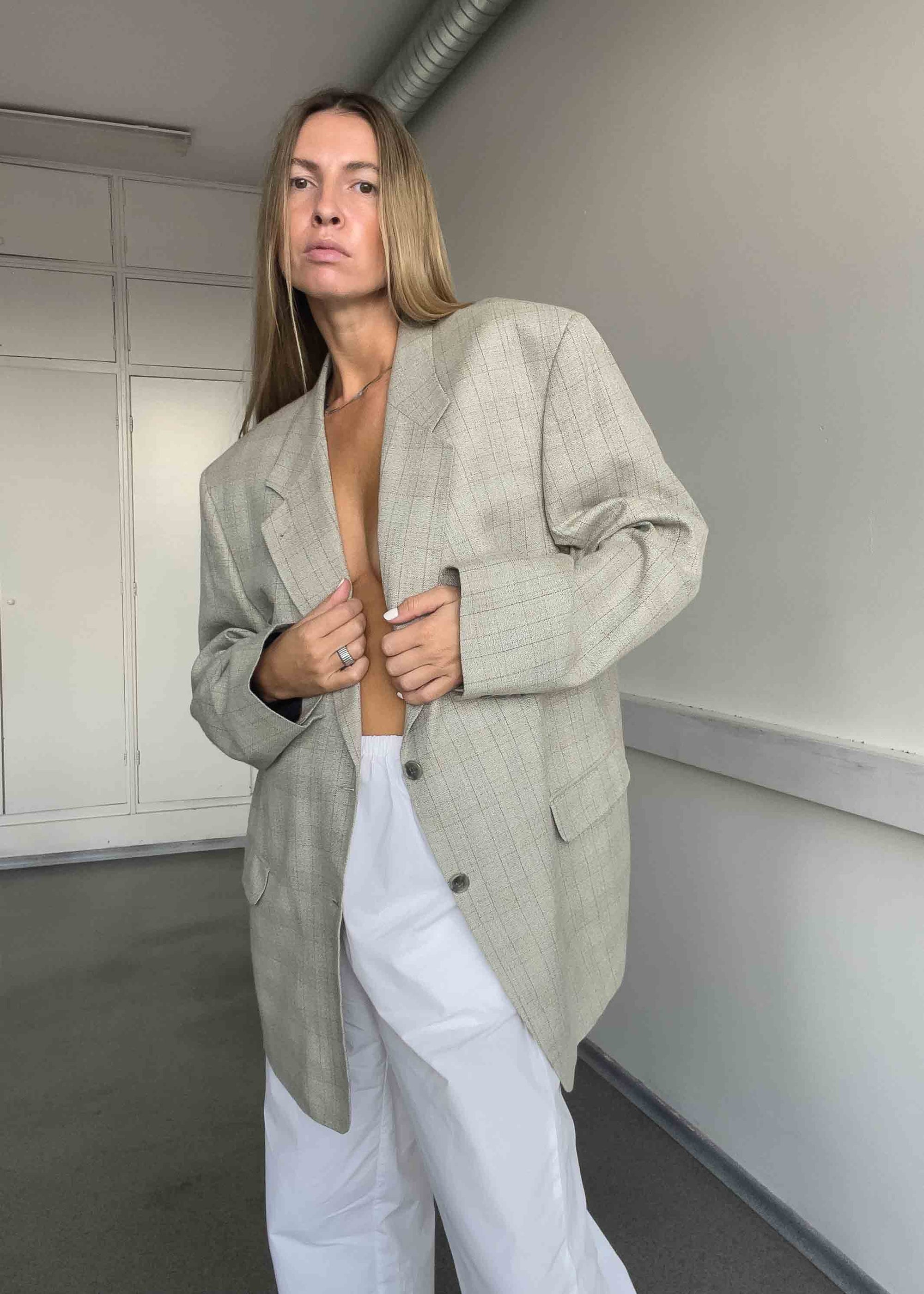 Vintage Grey Checked Oversized Blazer