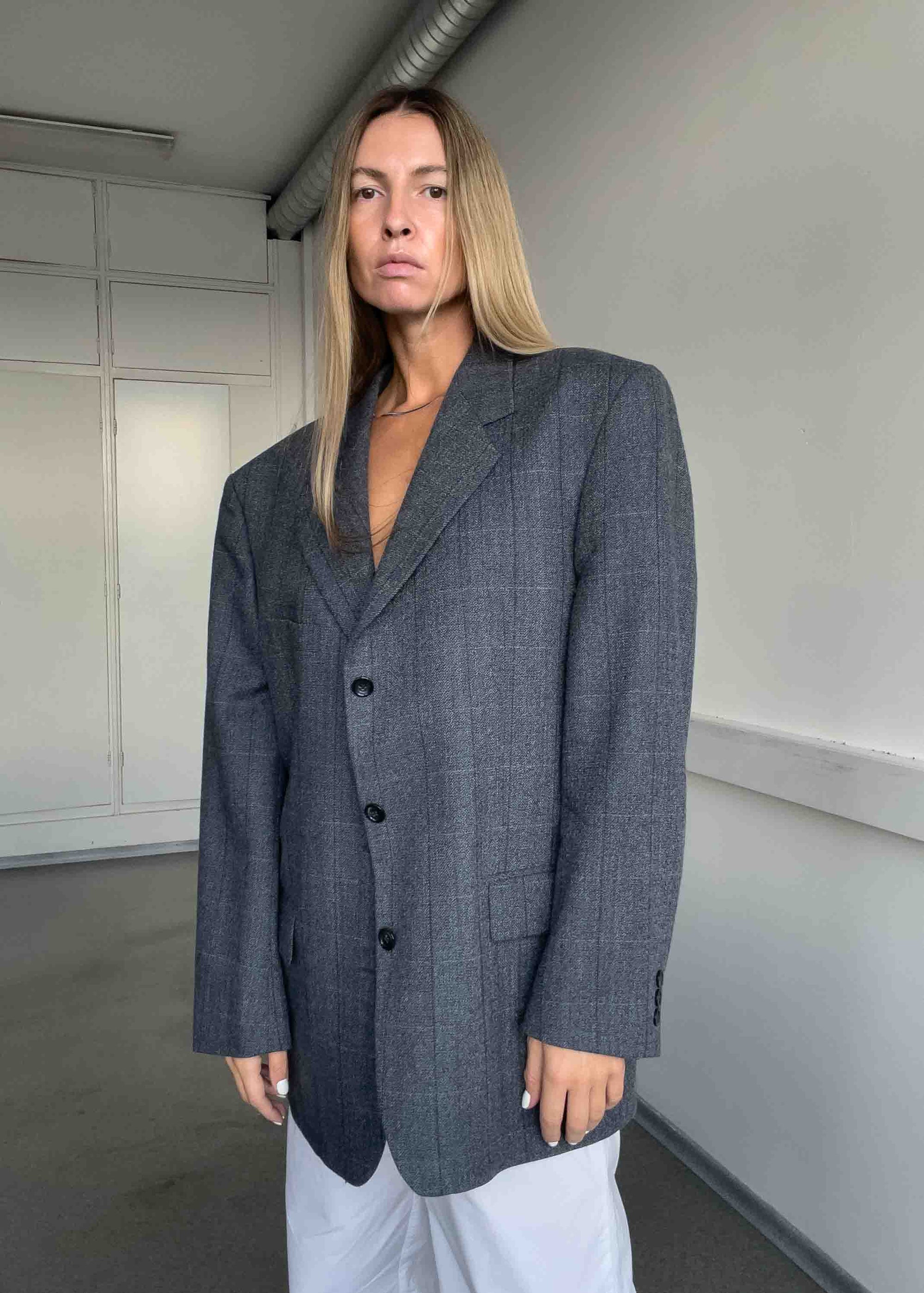Vintage Grey Checked Oversized Blazer