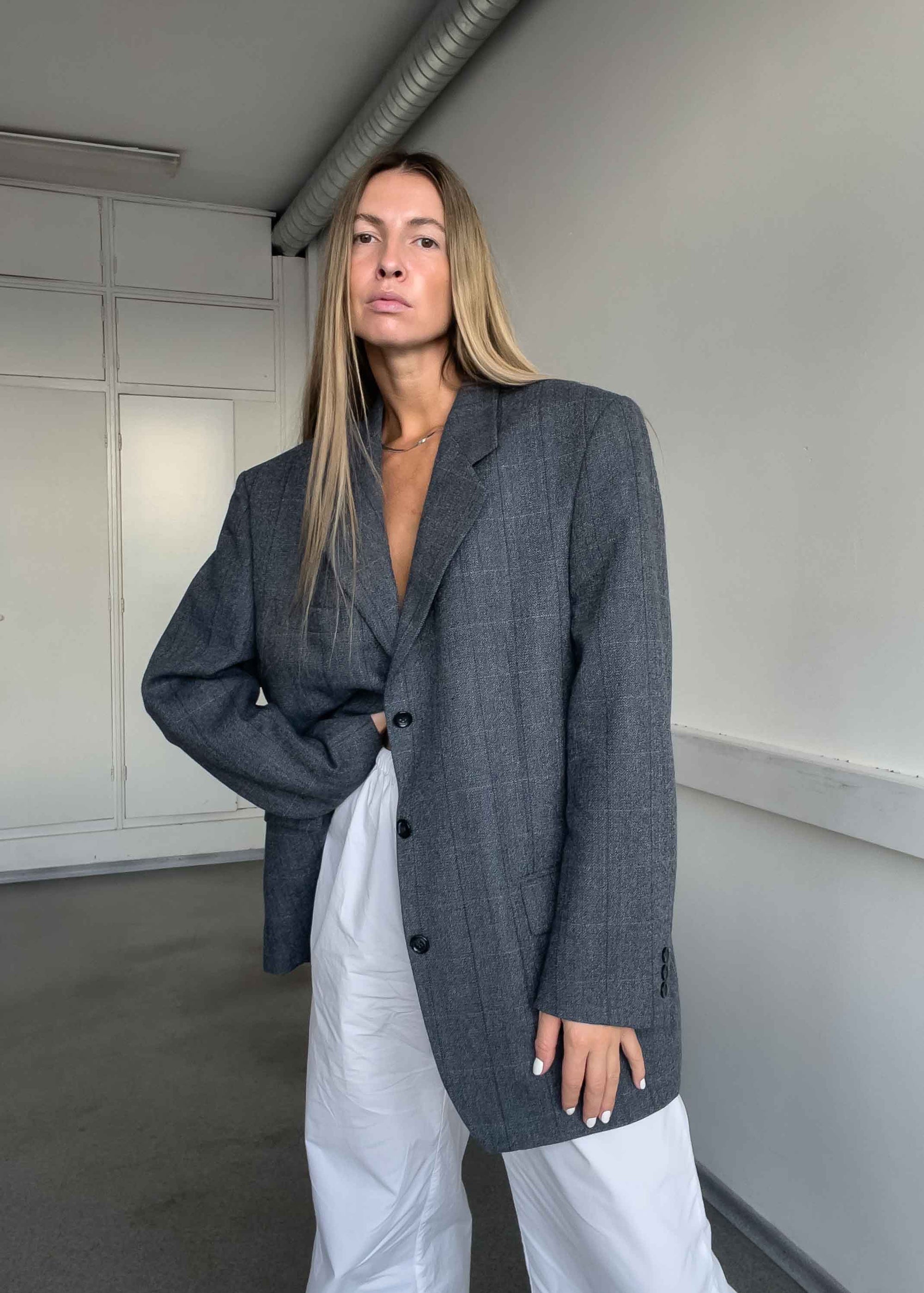 Vintage Grey Checked Oversized Blazer