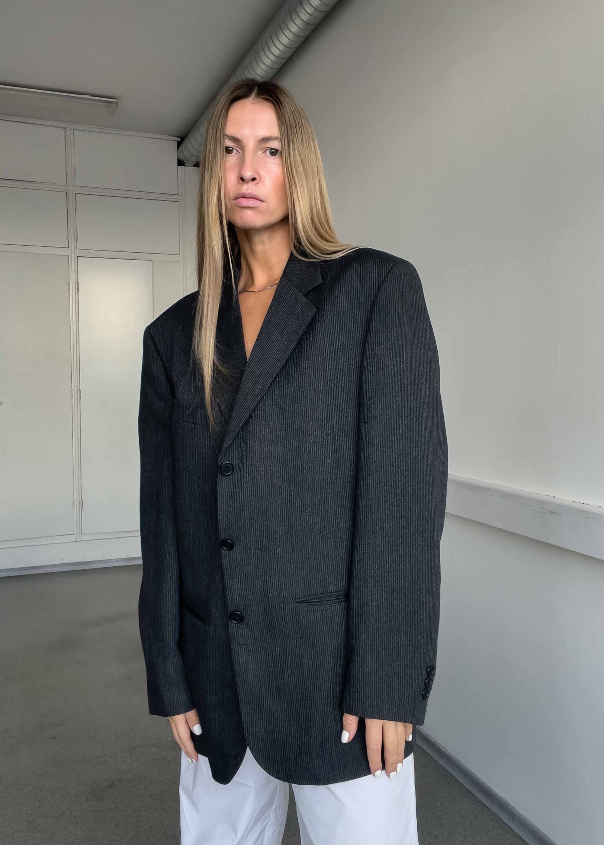 Vintage Grey Stripy Oversized Blazer