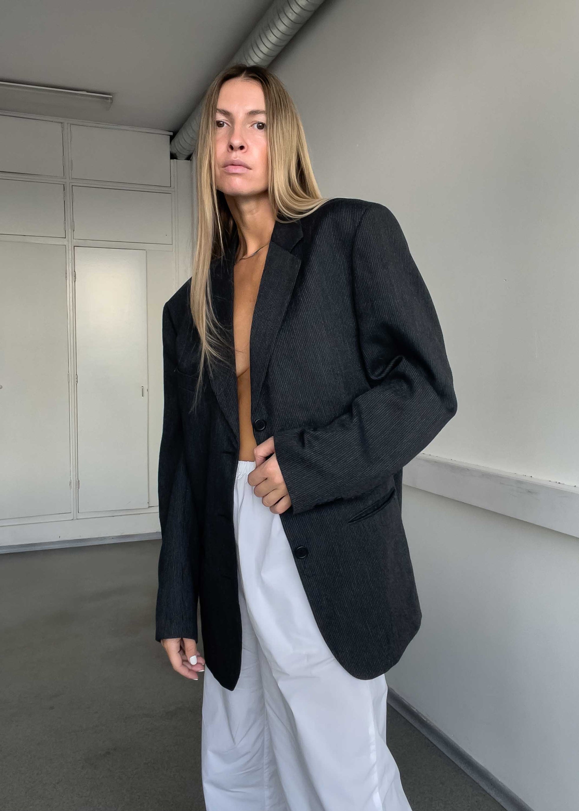 Vintage Grey Stripy Oversized Blazer