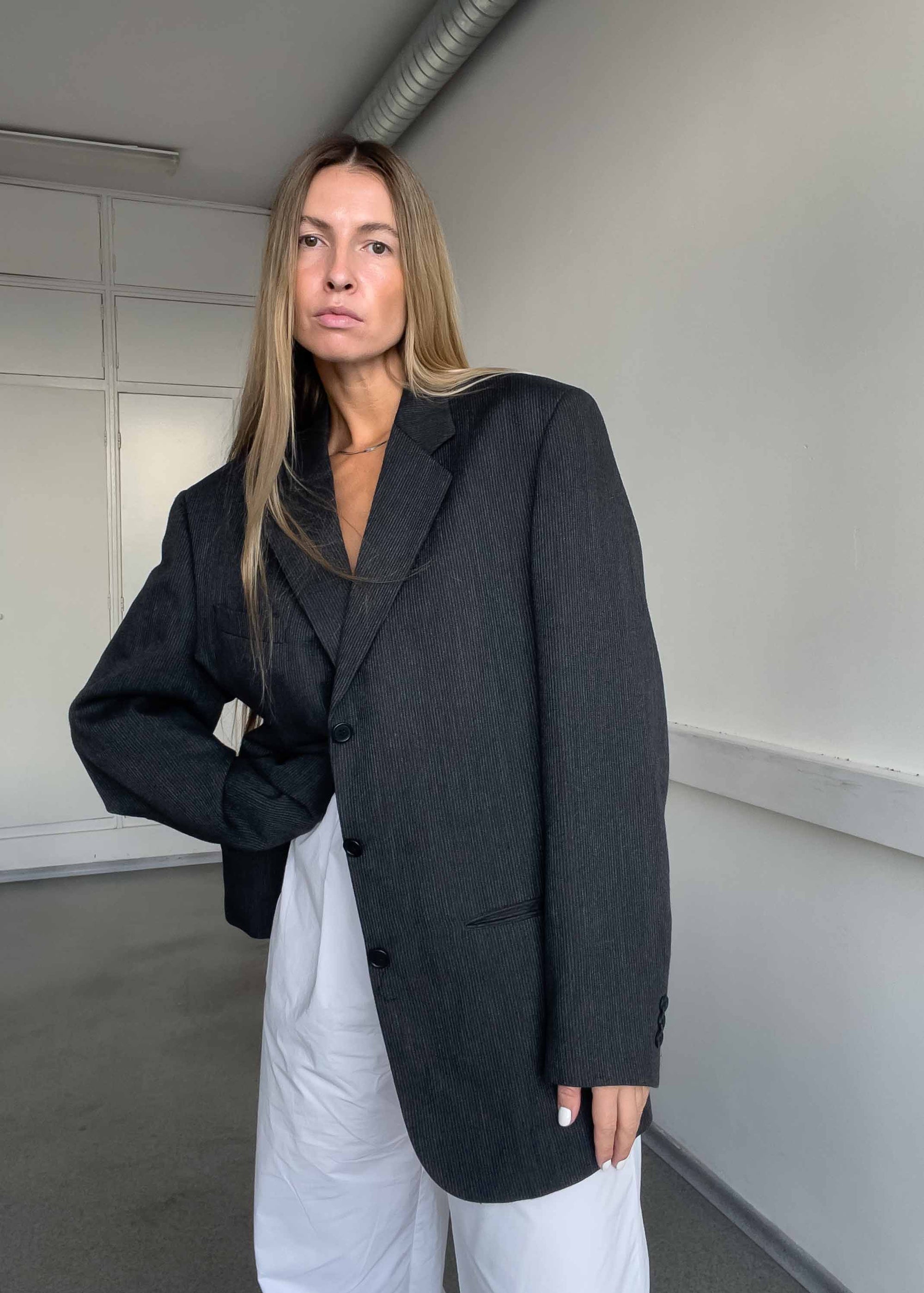 Vintage Grey Stripy Oversized Blazer