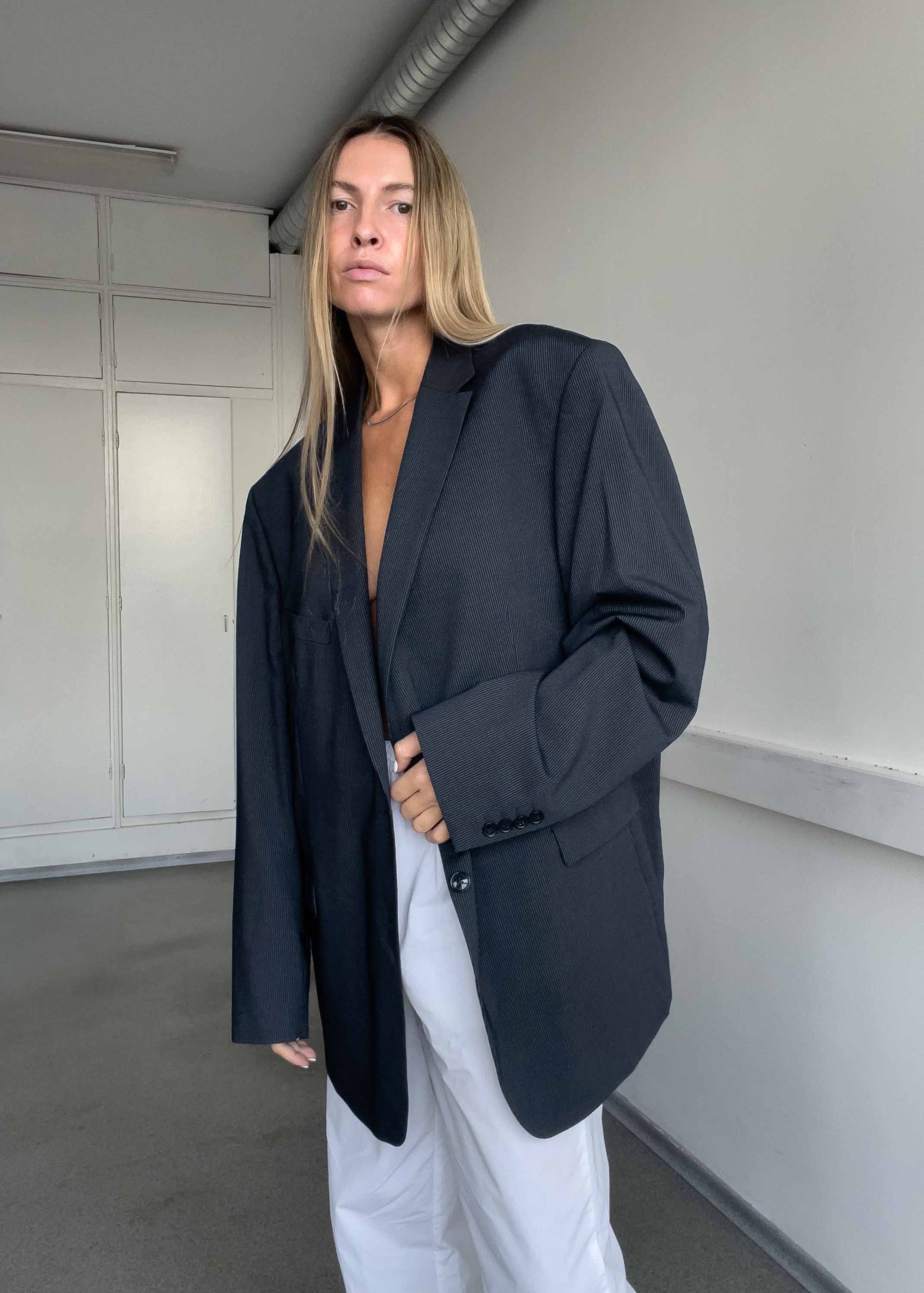 Vintage Grey Stripy Oversized Blazer