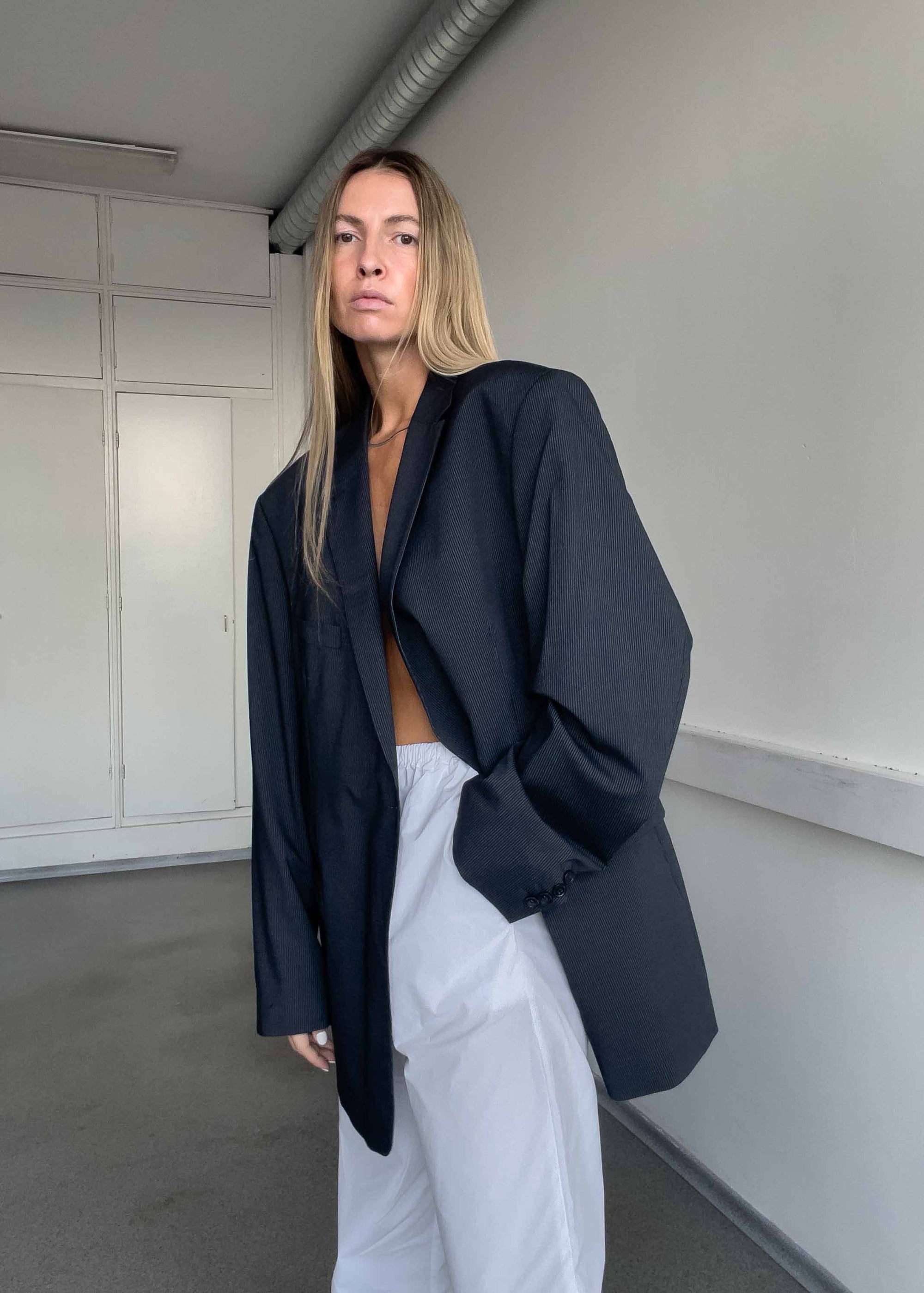 Vintage Grey Stripy Oversized Blazer
