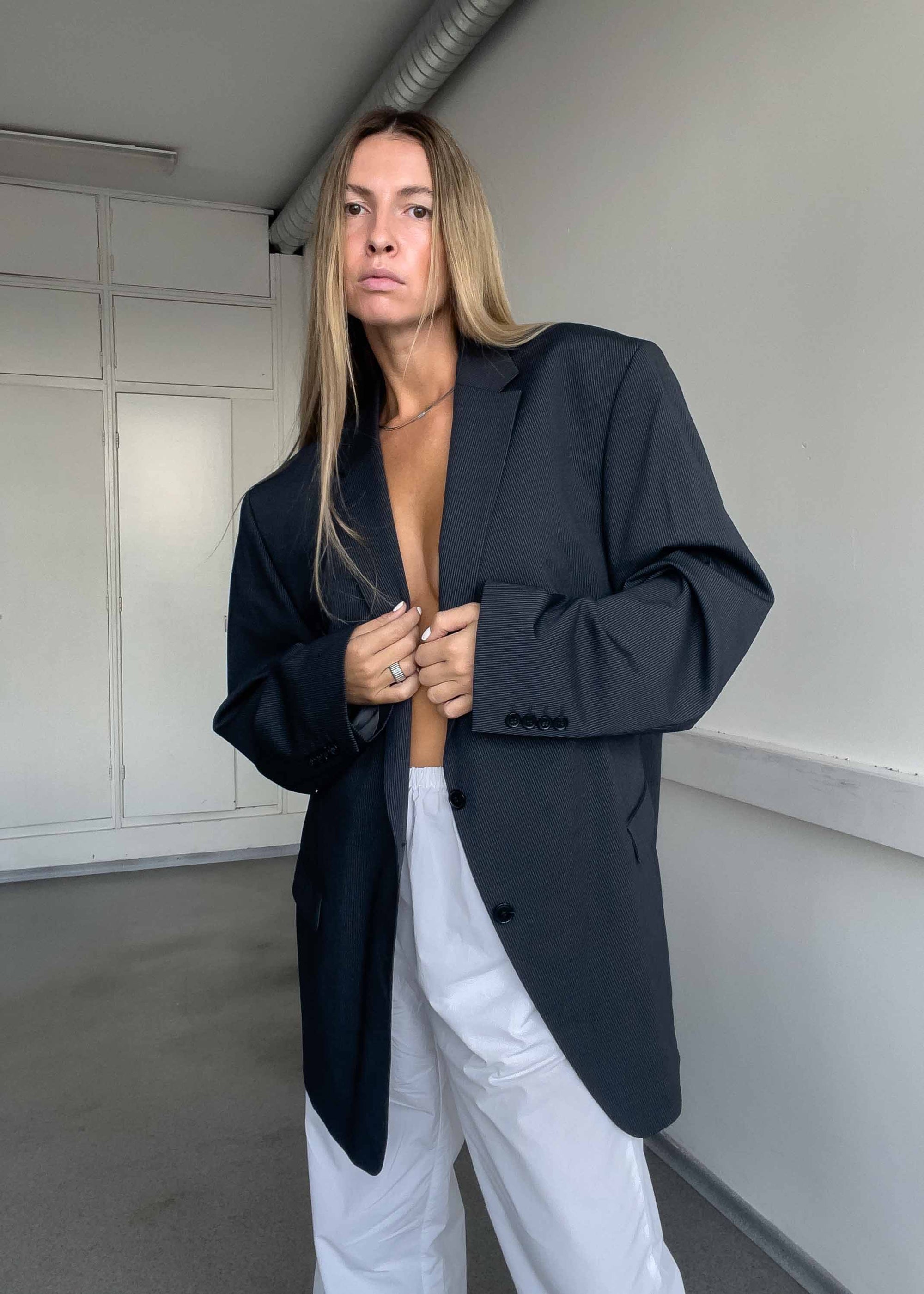 Vintage Grey Stripy Oversized Blazer