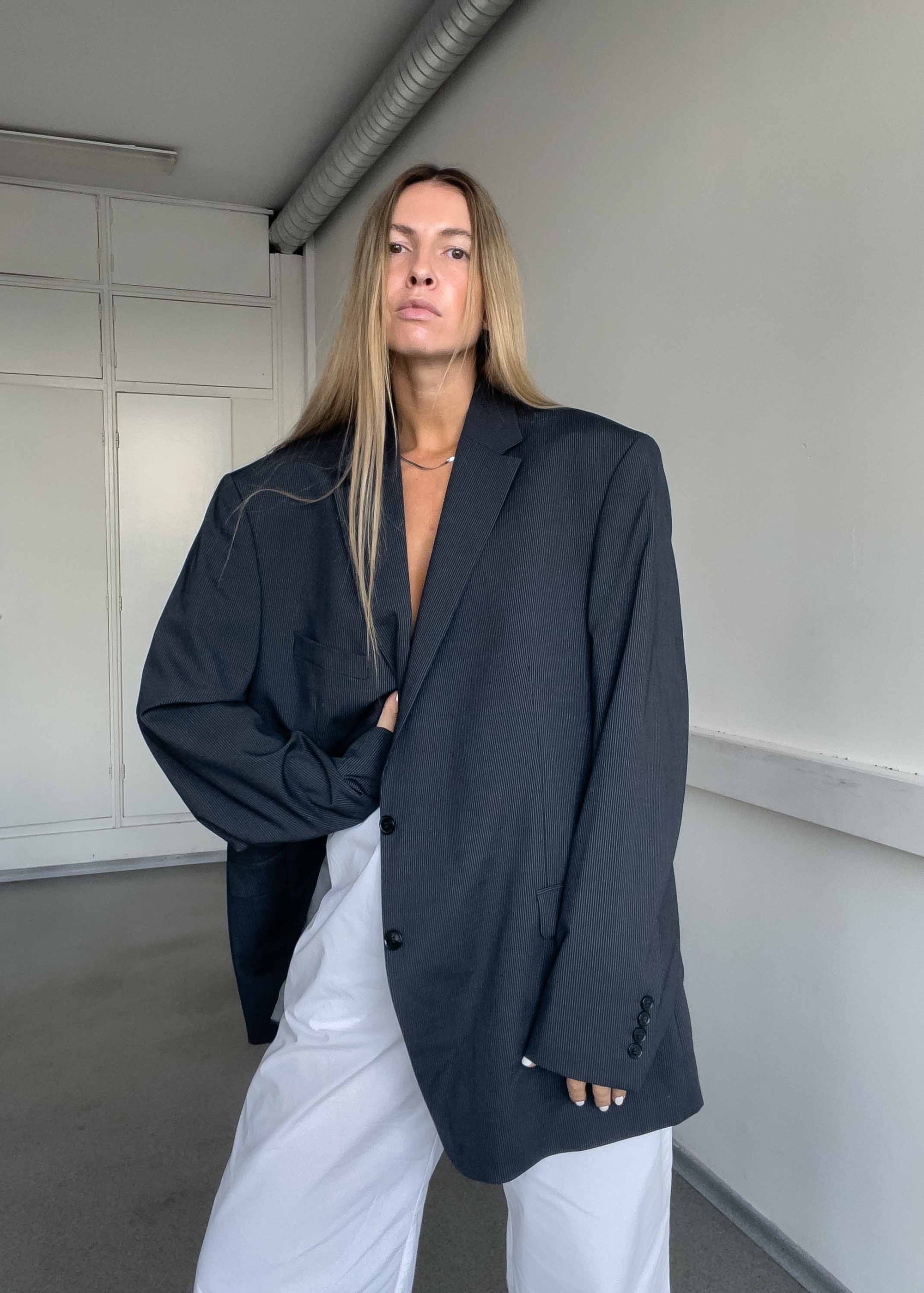 Vintage Grey Stripy Oversized Blazer