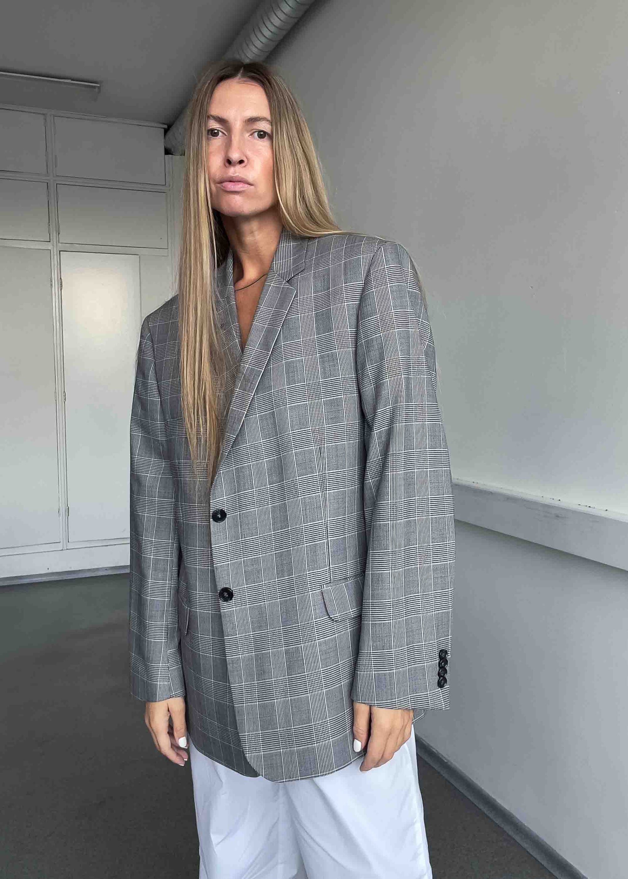 Vintage Grey  Checked Oversized Blazer