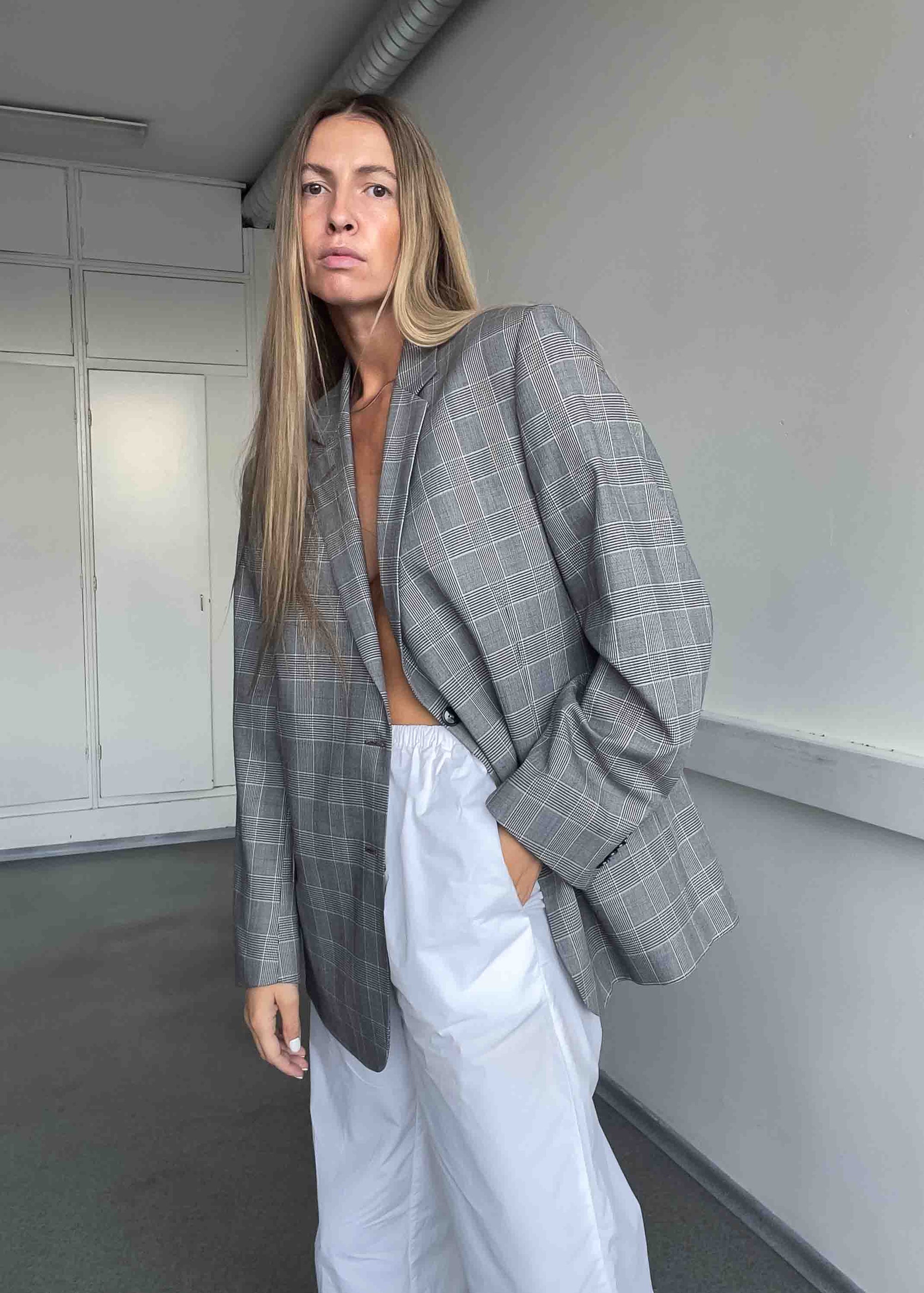 Vintage Grey  Checked Oversized Blazer