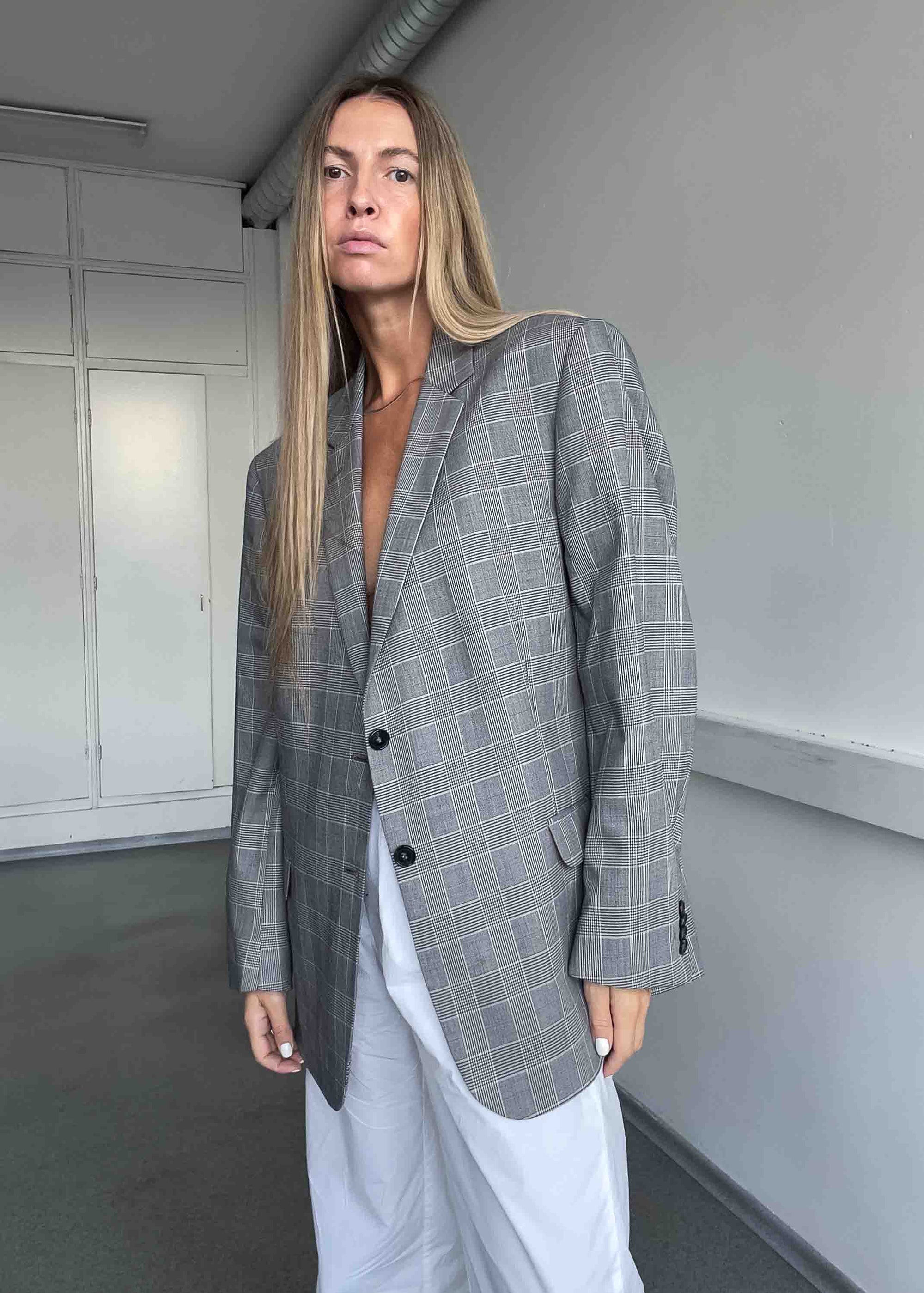 Vintage Grey  Checked Oversized Blazer