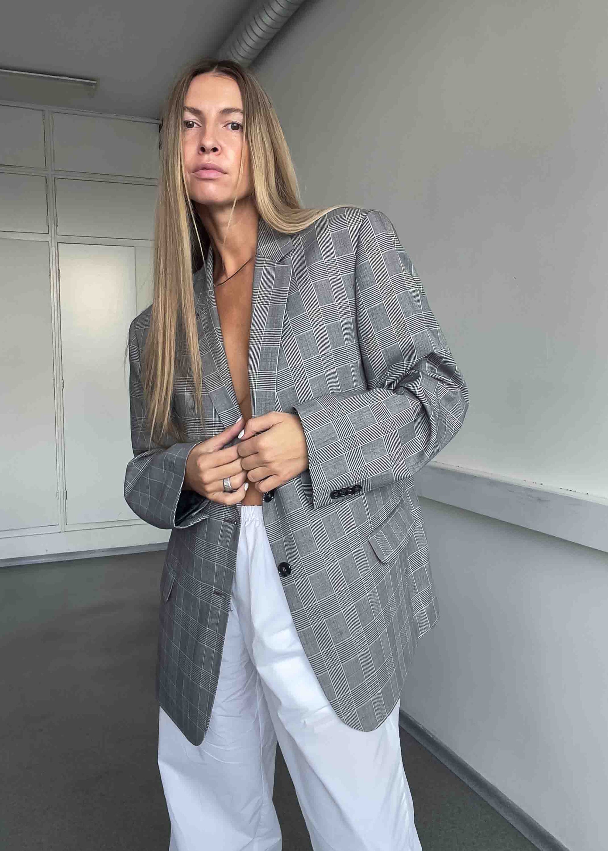 Vintage Grey  Checked Oversized Blazer