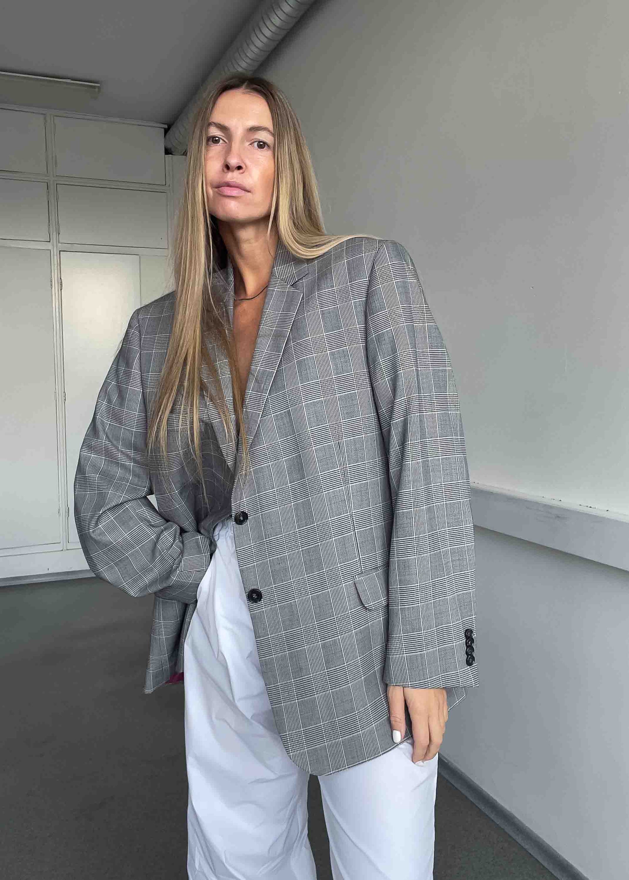 Vintage Grey  Checked Oversized Blazer