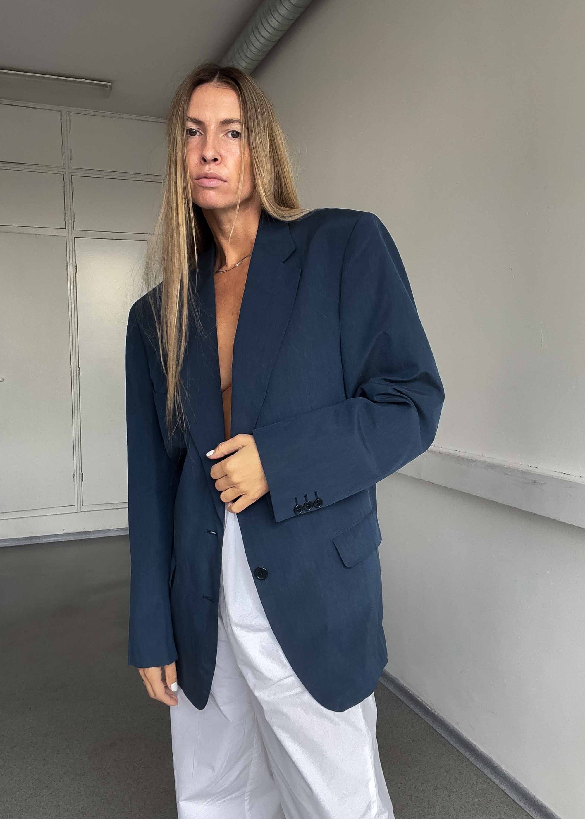 Vintage Blue Oversized Silk Blazer