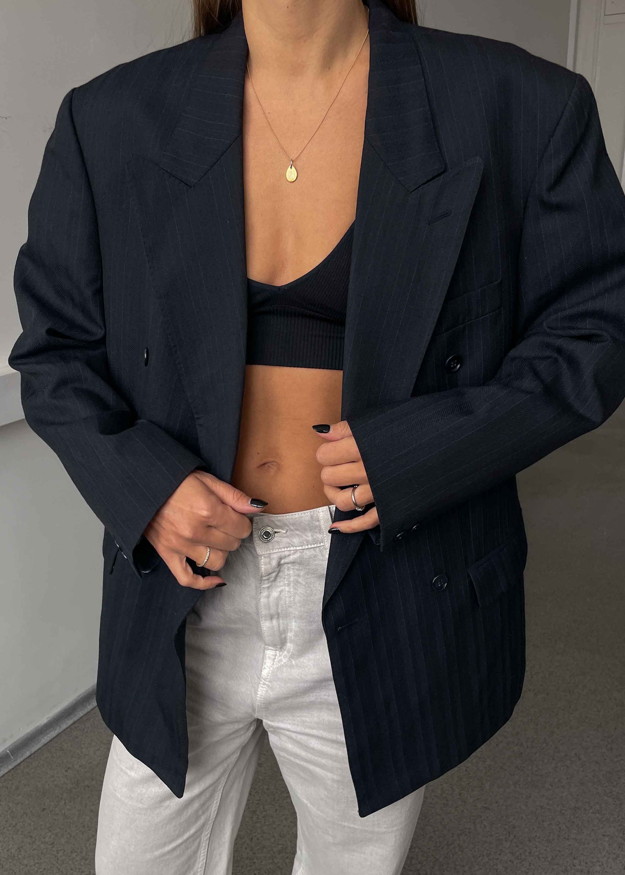 Vintage Dark Blue Striped Oversized Double Breasted Blazer