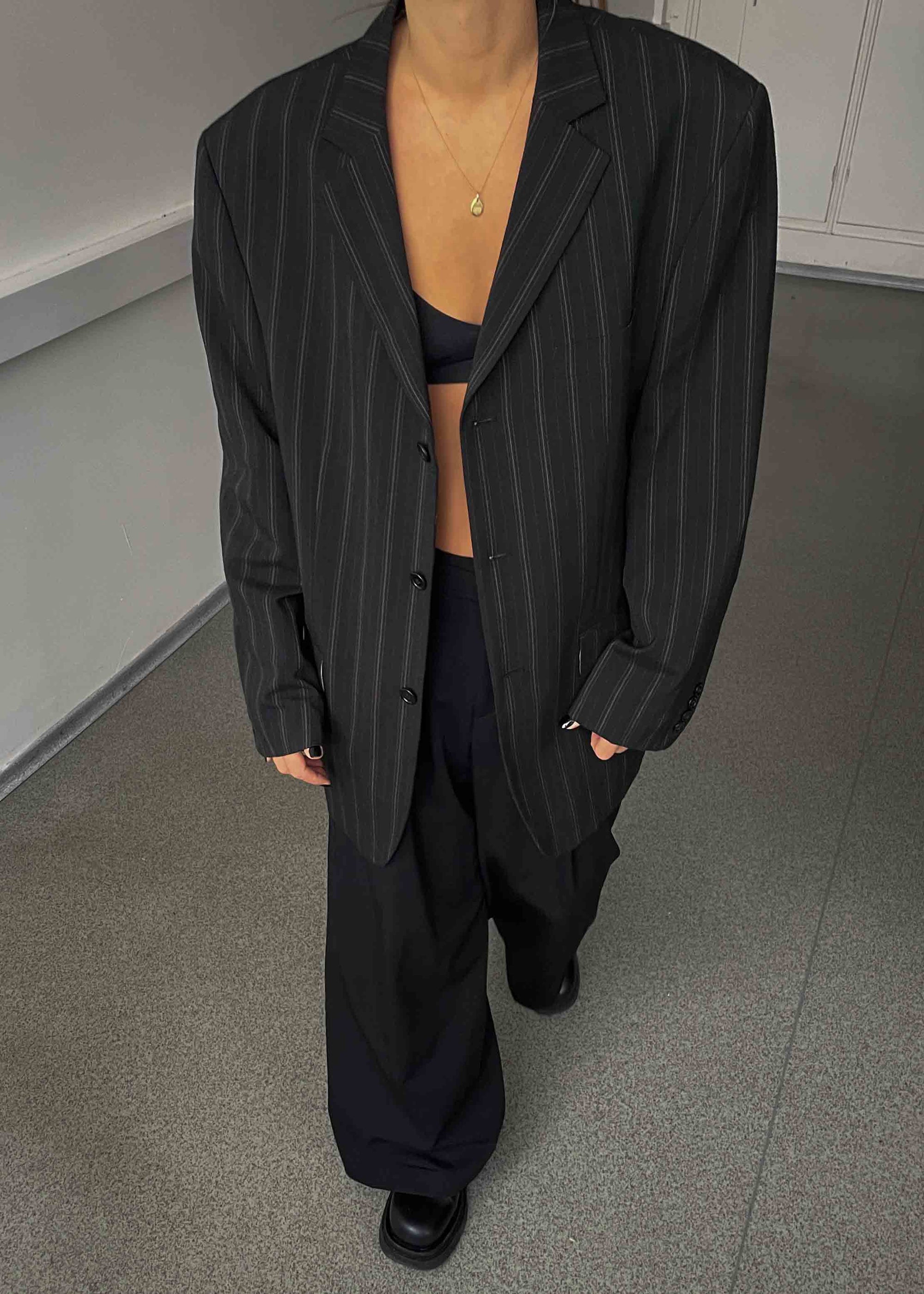 Vintage Dark Green Striped Oversized Blazer