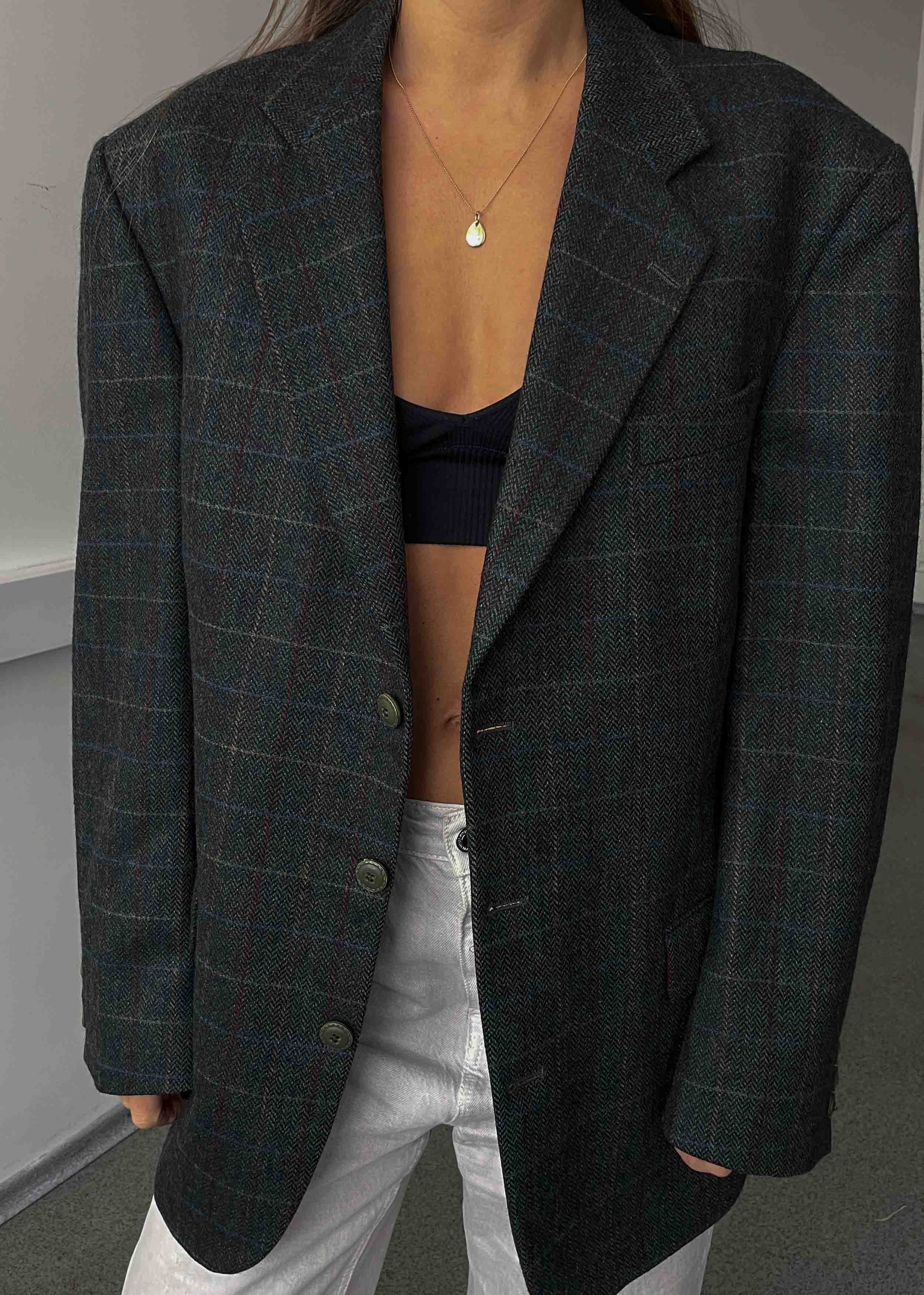 Vintage Green Checked Oversized 100% WOOL Blazer