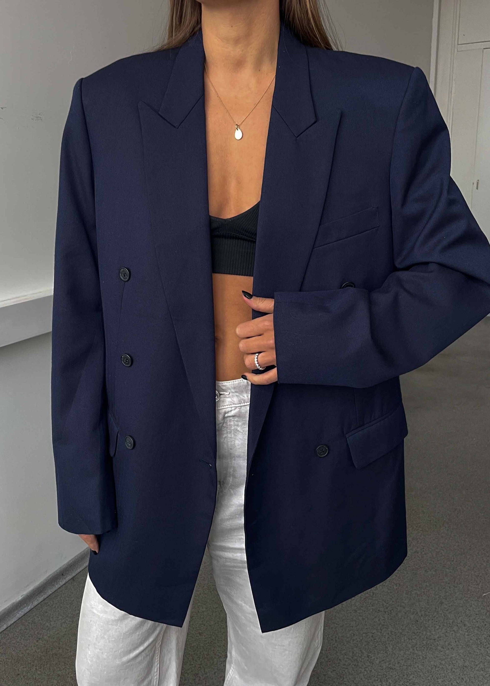 Vintage Navy Blue Oversized Double Breasted Blazer