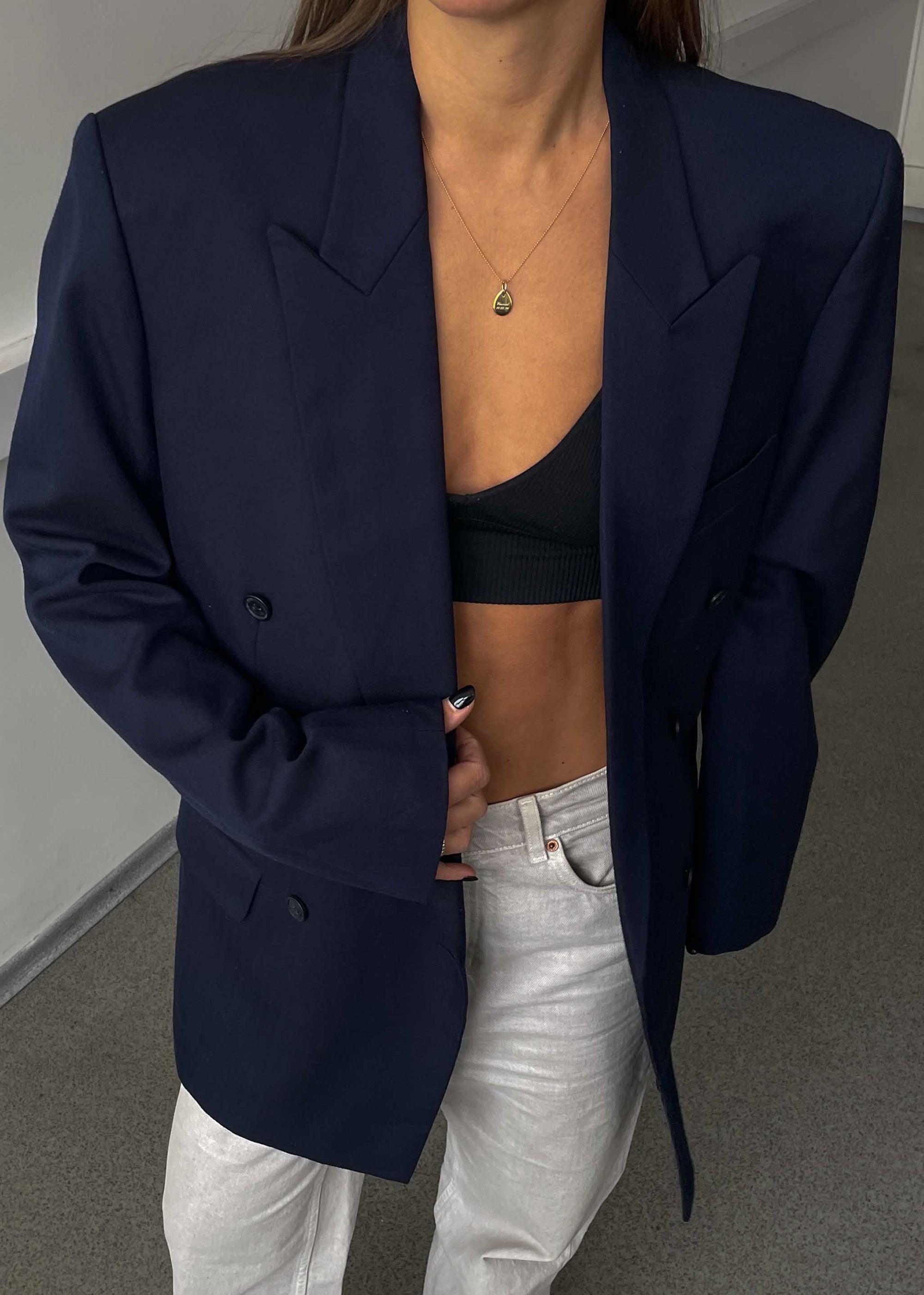 Vintage Navy Blue Oversized Double Breasted Blazer