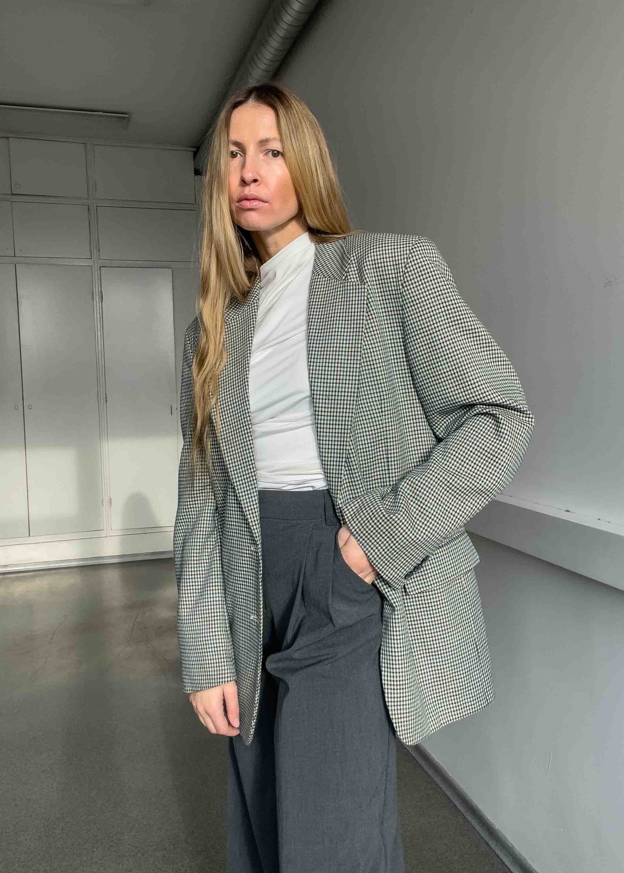 Vintage White with Blue Checks Oversized Blazer