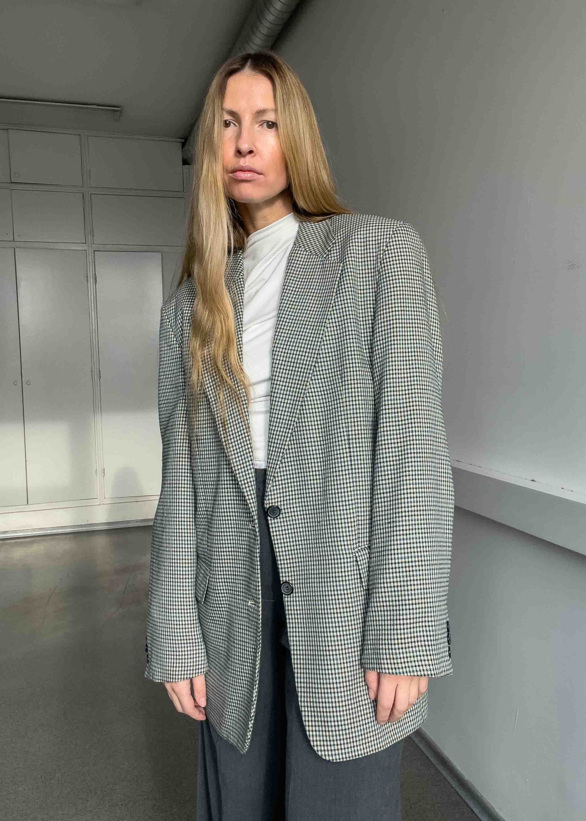 Vintage White with Blue Checks Oversized Blazer