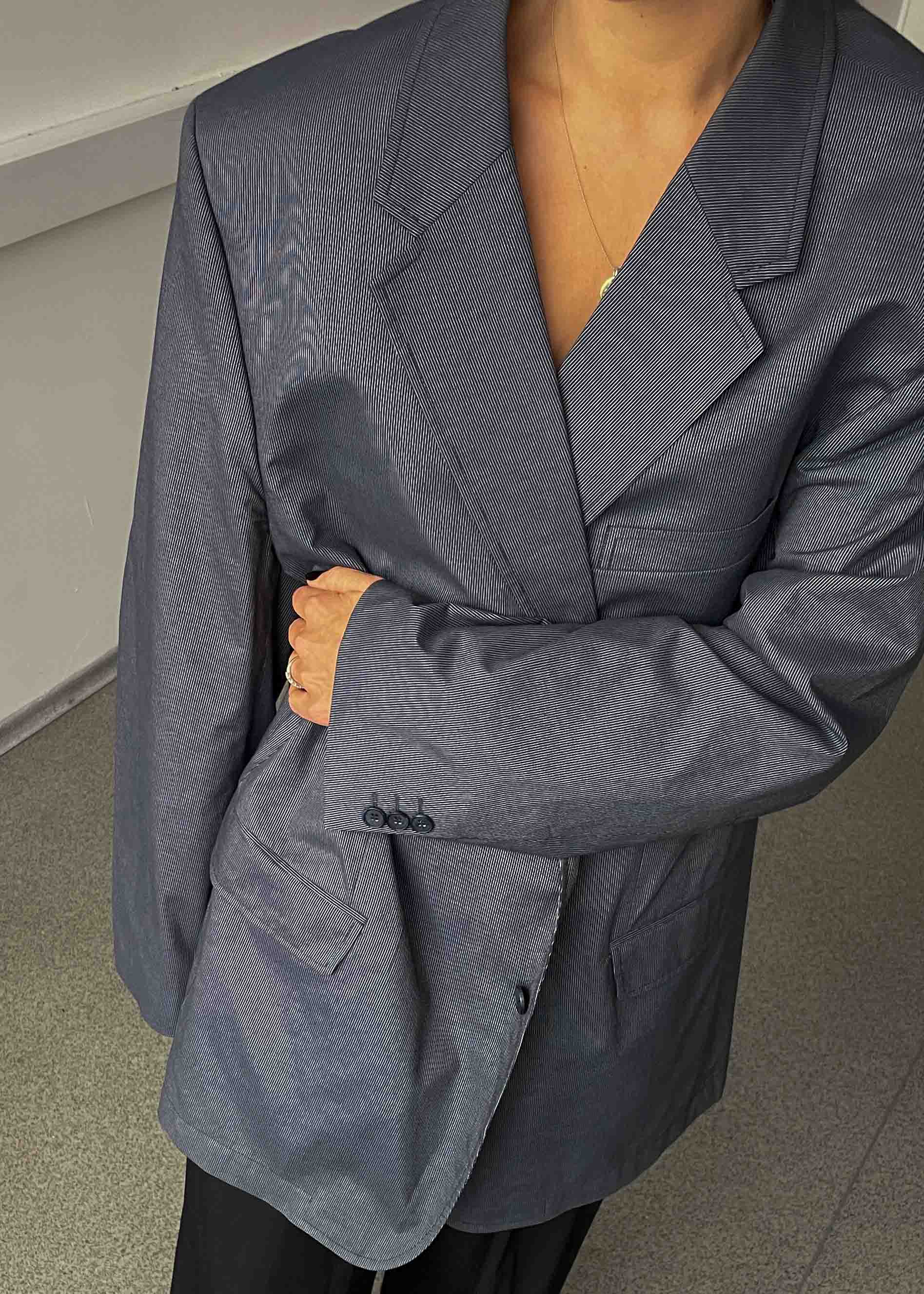 Vintage Grey Striped Oversized Light Weight Blazer