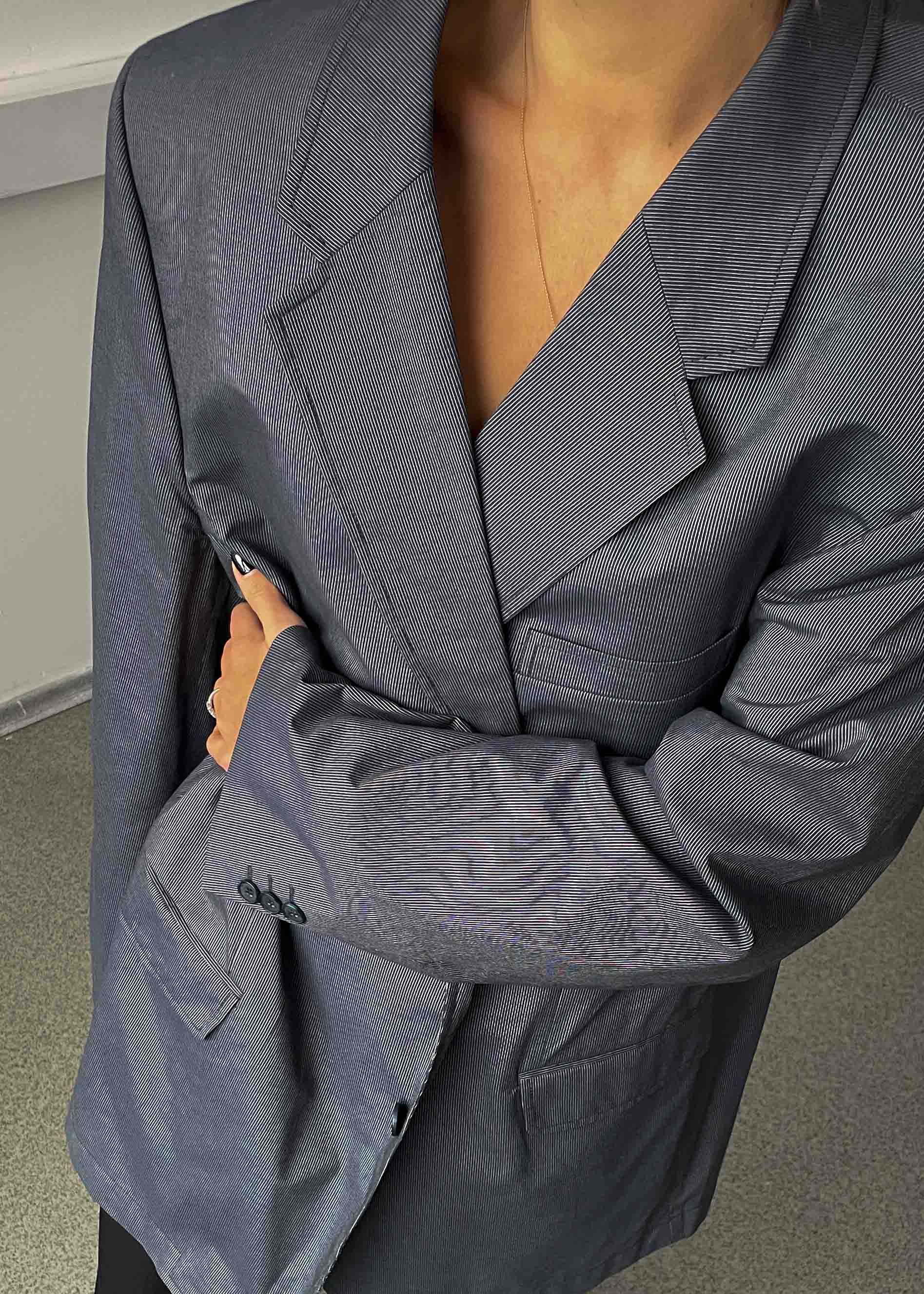 Vintage Grey Striped Oversized Light Weight Blazer