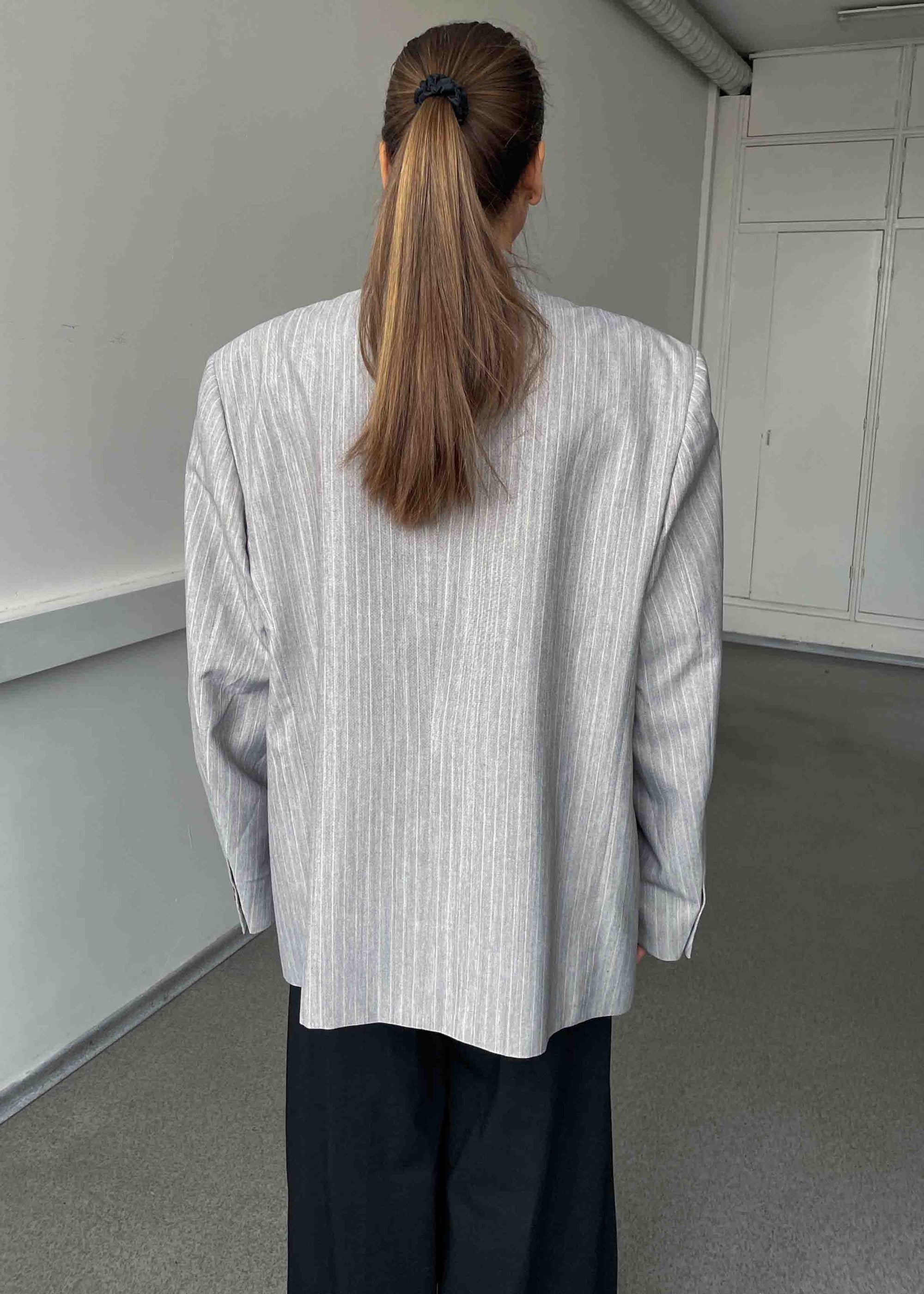Vintage Light Grey Oversized Blazer with Pink Stripes