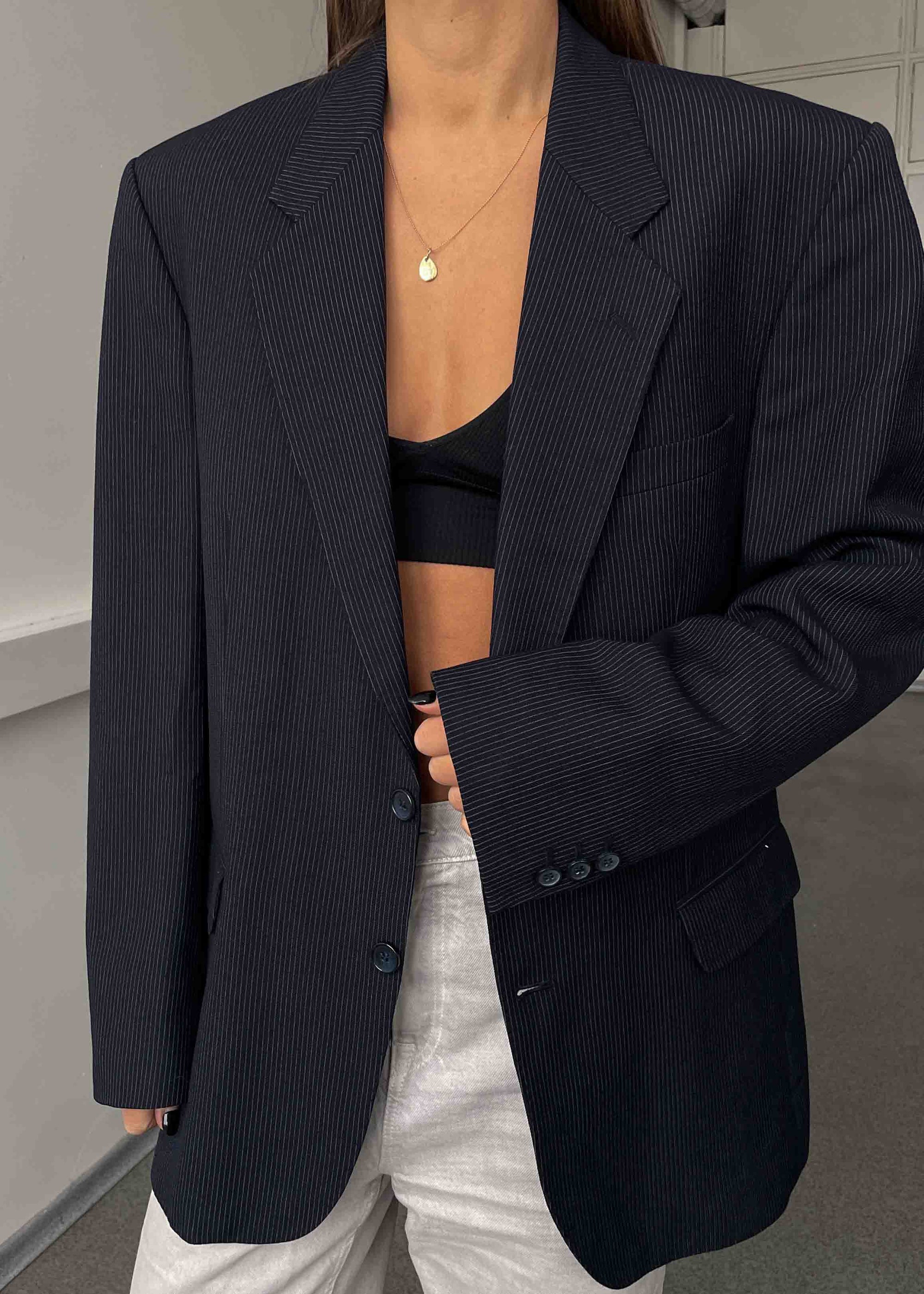 Vintage Navy Blue Striped Oversized 100% WOOL Blazer