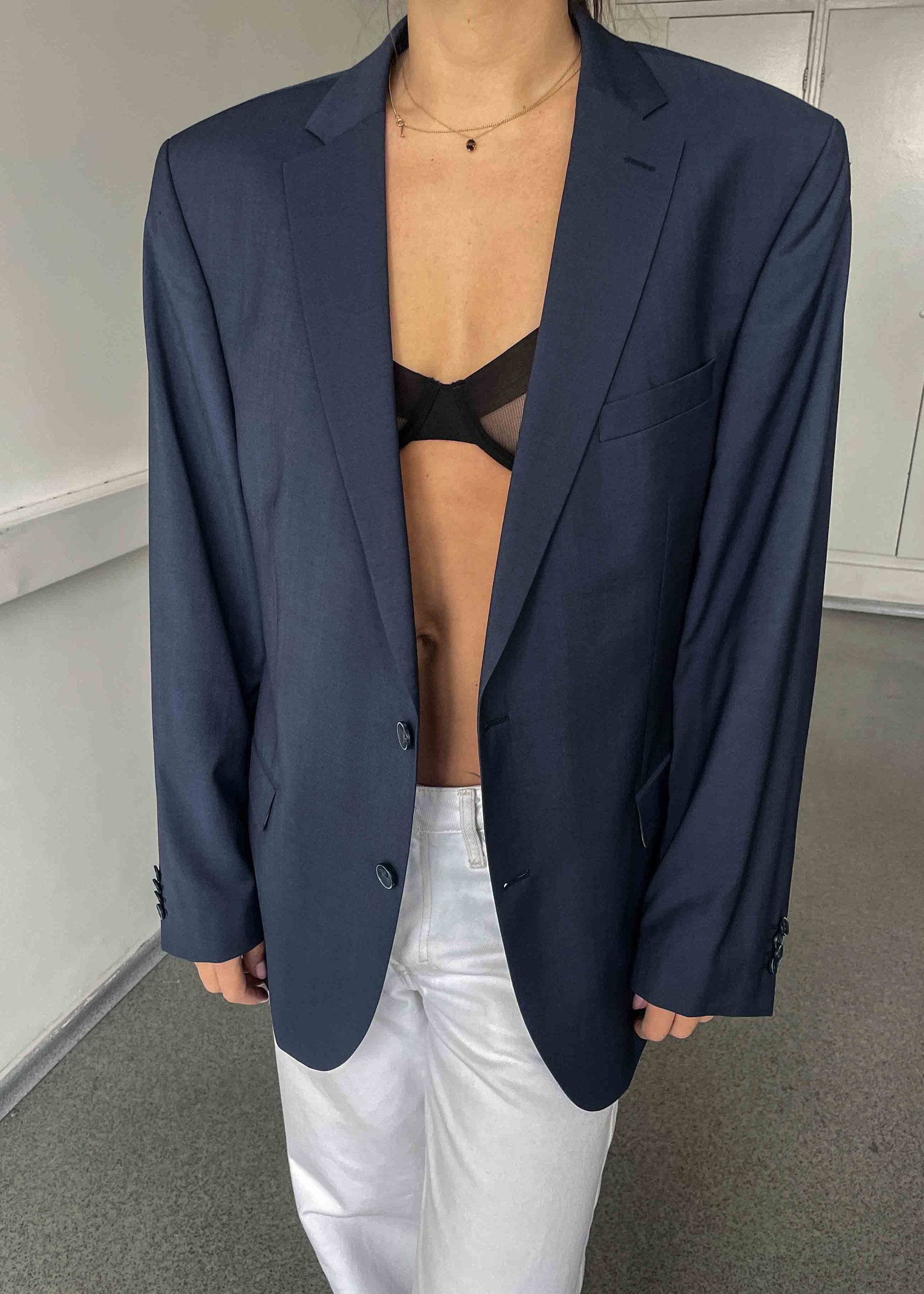 Vintage Blue Shiny Finish Oversized 100 % WOOL Blazer