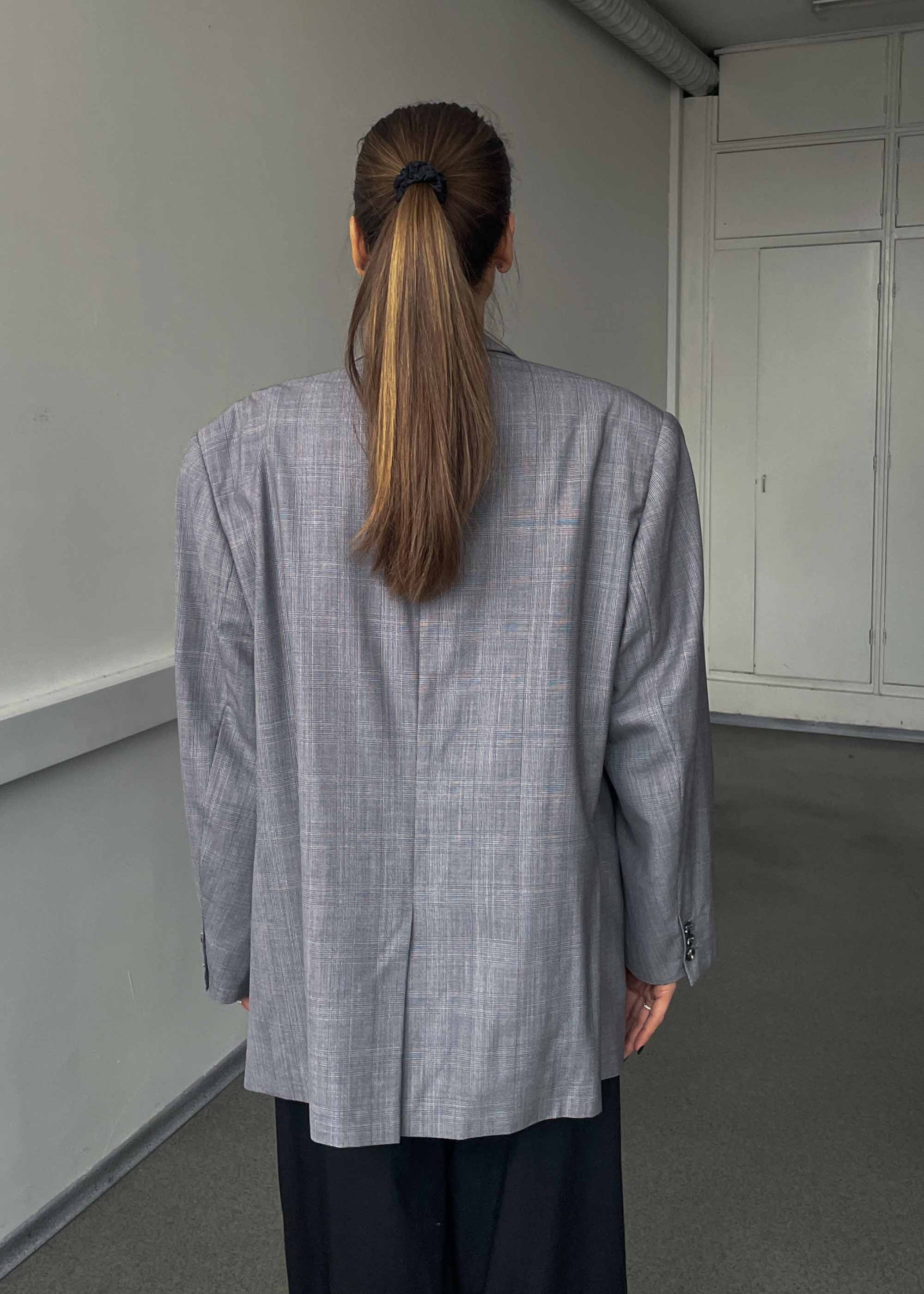 Vintage Light Grey Checked Oversized Light Weight Blazer