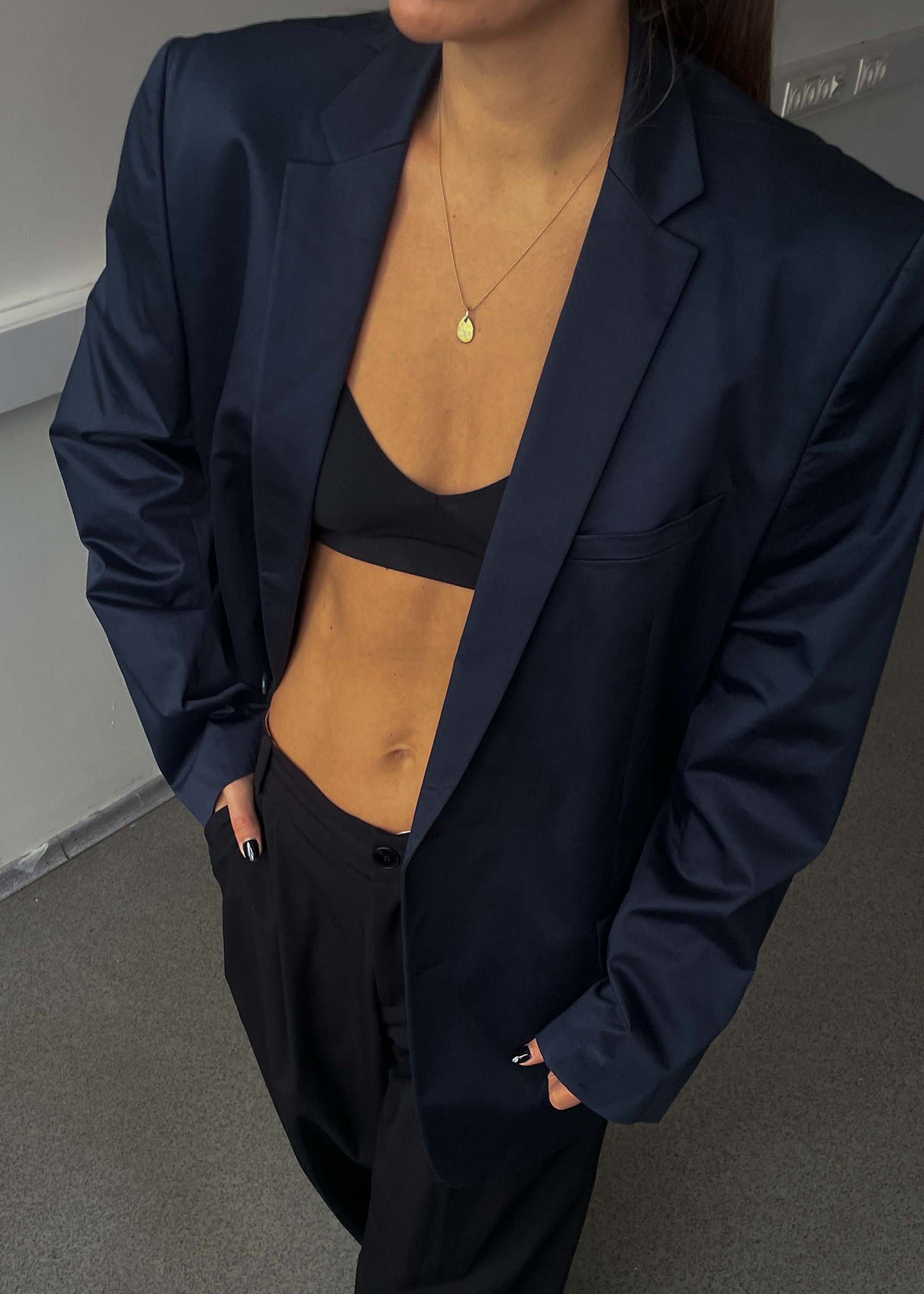 Vintage Blue Oversized Blazer with Glossy Finish