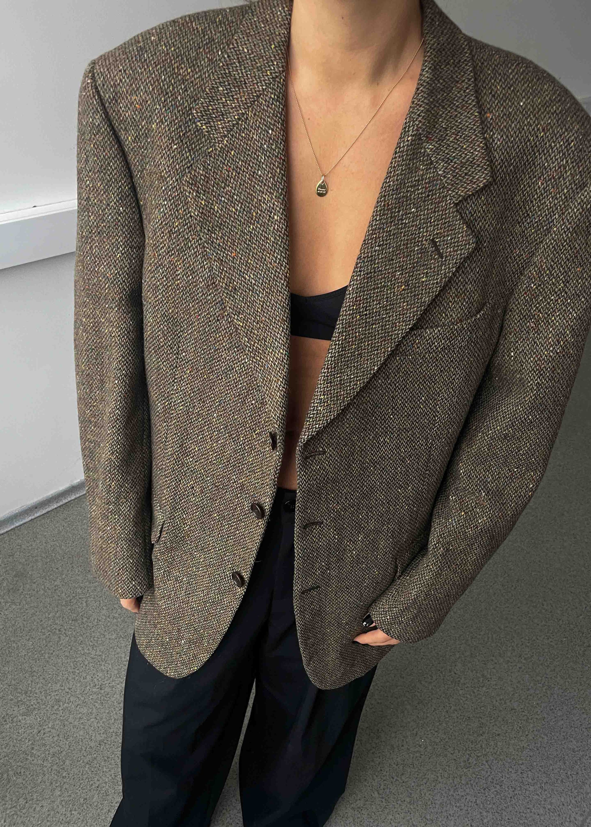 Vintage Khaki 100% WOOL Oversized Blazer with Multicoloured Pattern