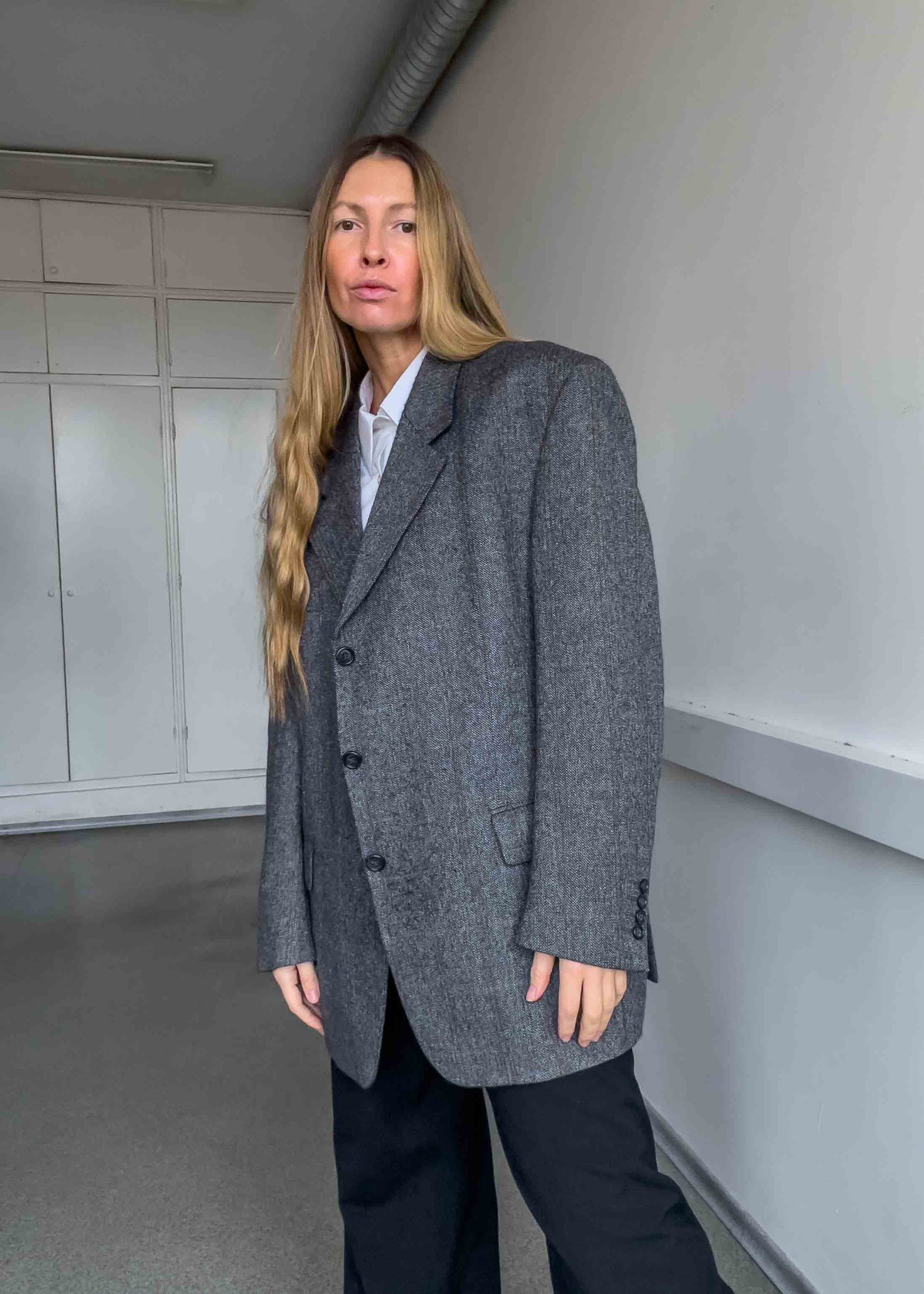 Vintage Grey Checked Oversized Blazer