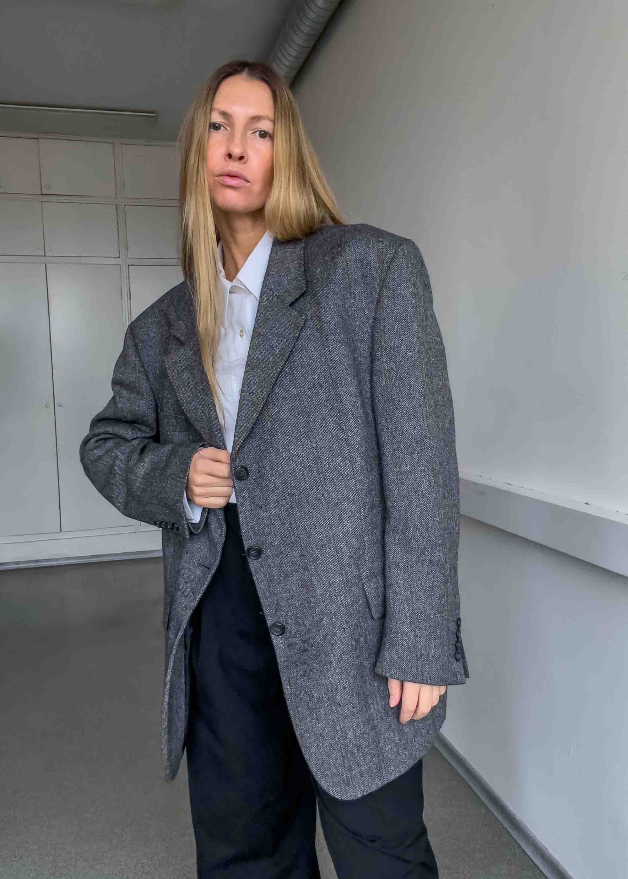 Vintage Grey Checked Oversized Blazer