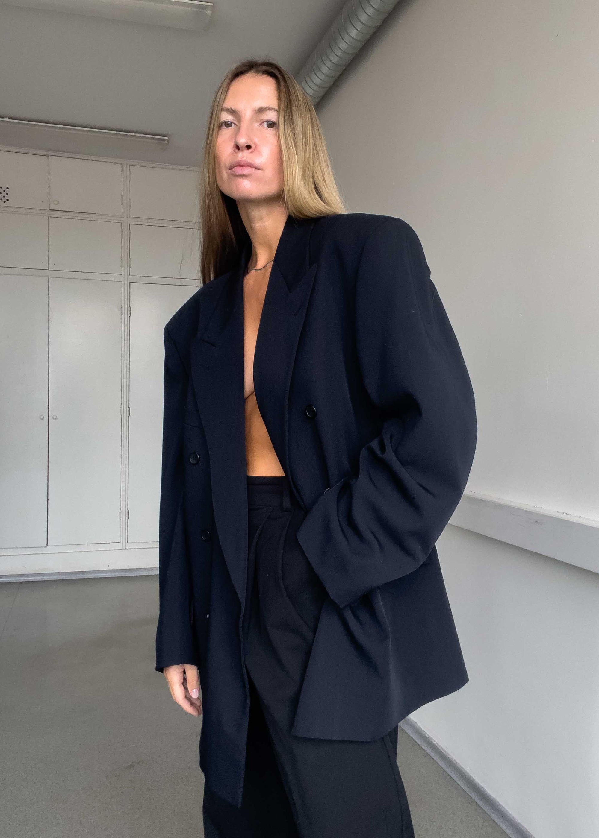 Vintage Navy Blue Oversized Double Breasted Blazer